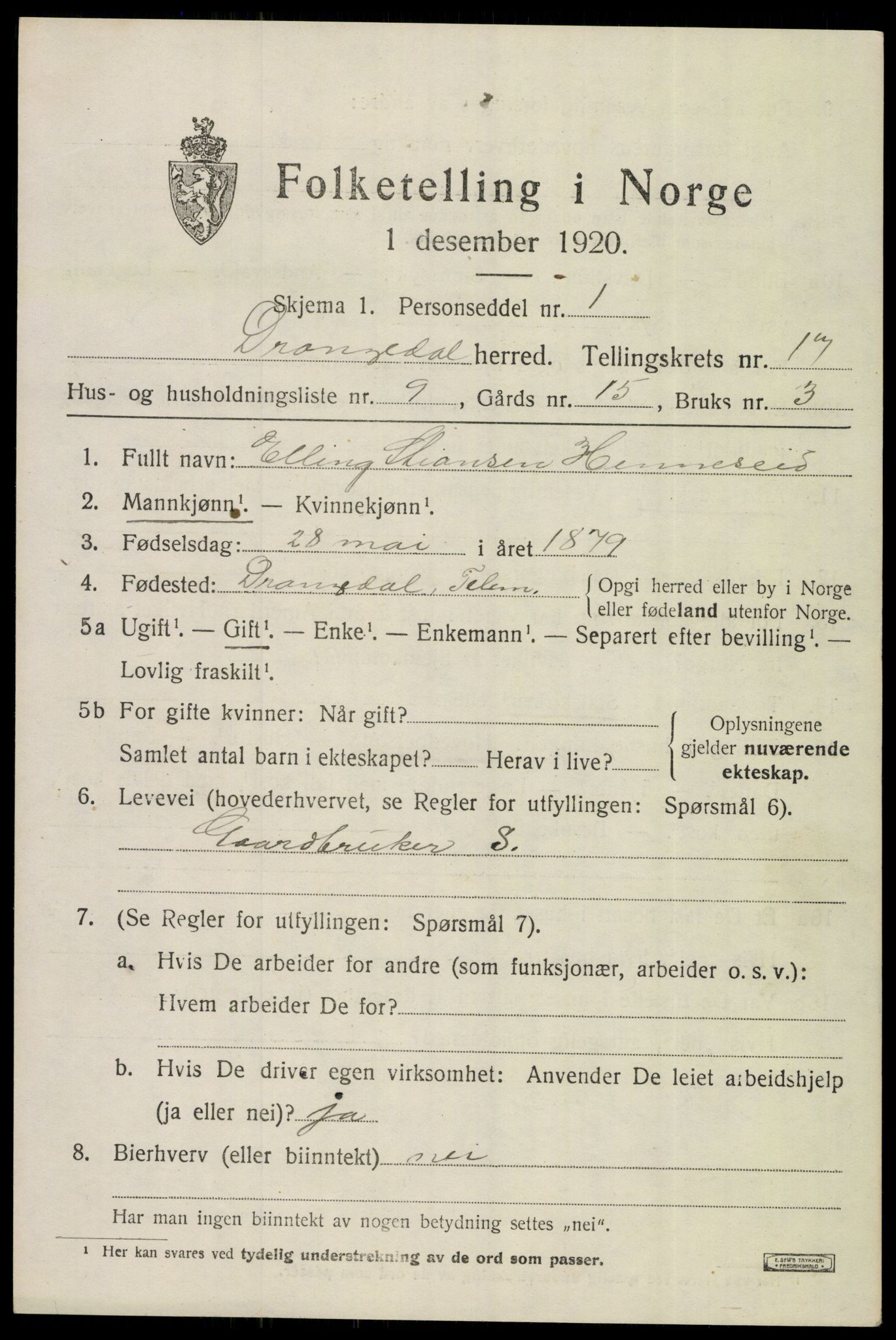 SAKO, 1920 census for Drangedal, 1920, p. 8075