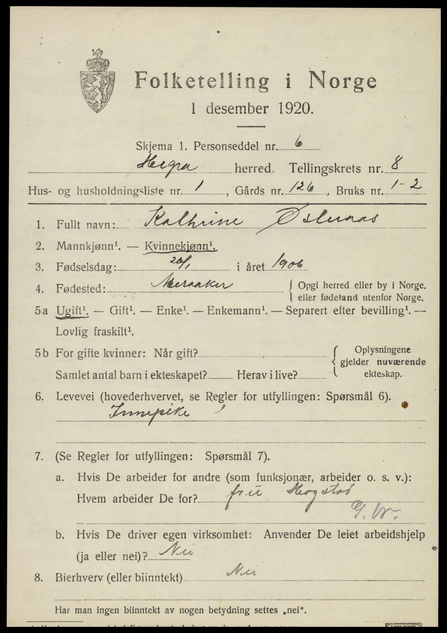 SAT, 1920 census for Hegra, 1920, p. 5594