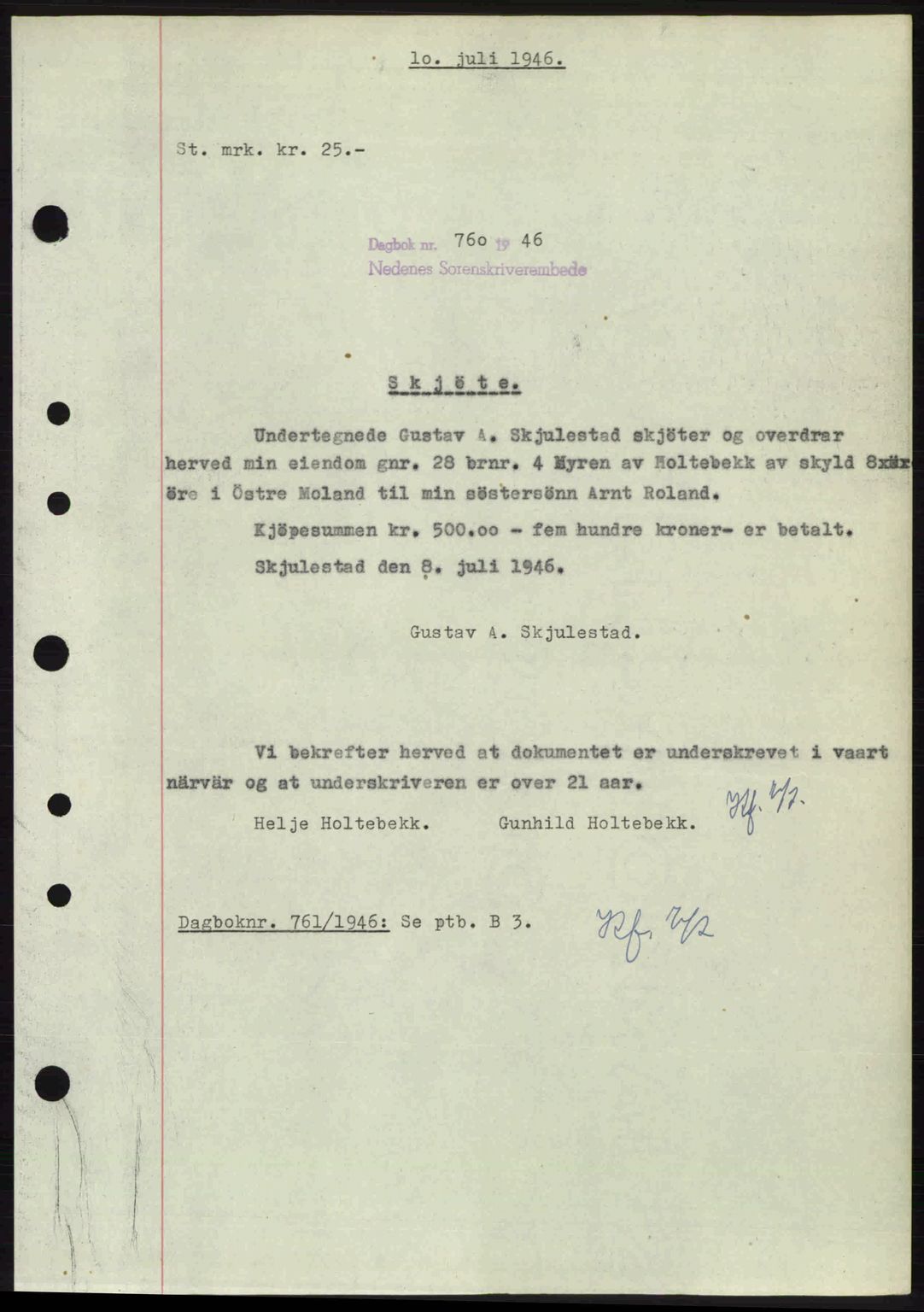 Nedenes sorenskriveri, AV/SAK-1221-0006/G/Gb/Gba/L0055: Mortgage book no. A7, 1946-1946, Diary no: : 760/1946