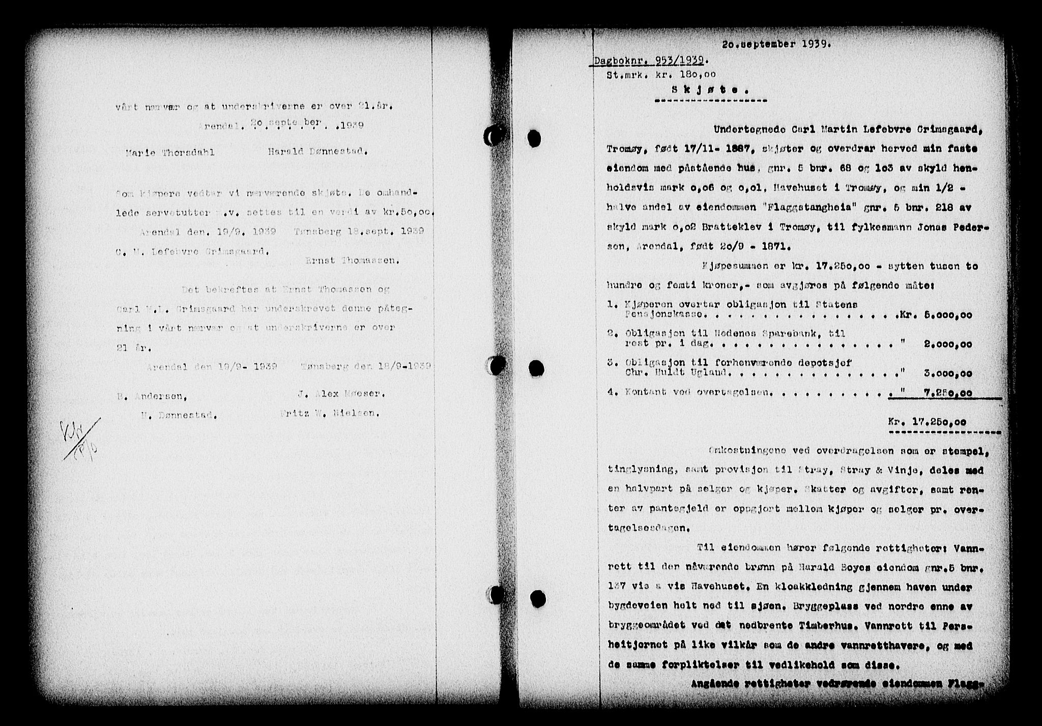Nedenes sorenskriveri, SAK/1221-0006/G/Gb/Gba/L0047: Mortgage book no. A-I, 1939-1940, Diary no: : 953/1939