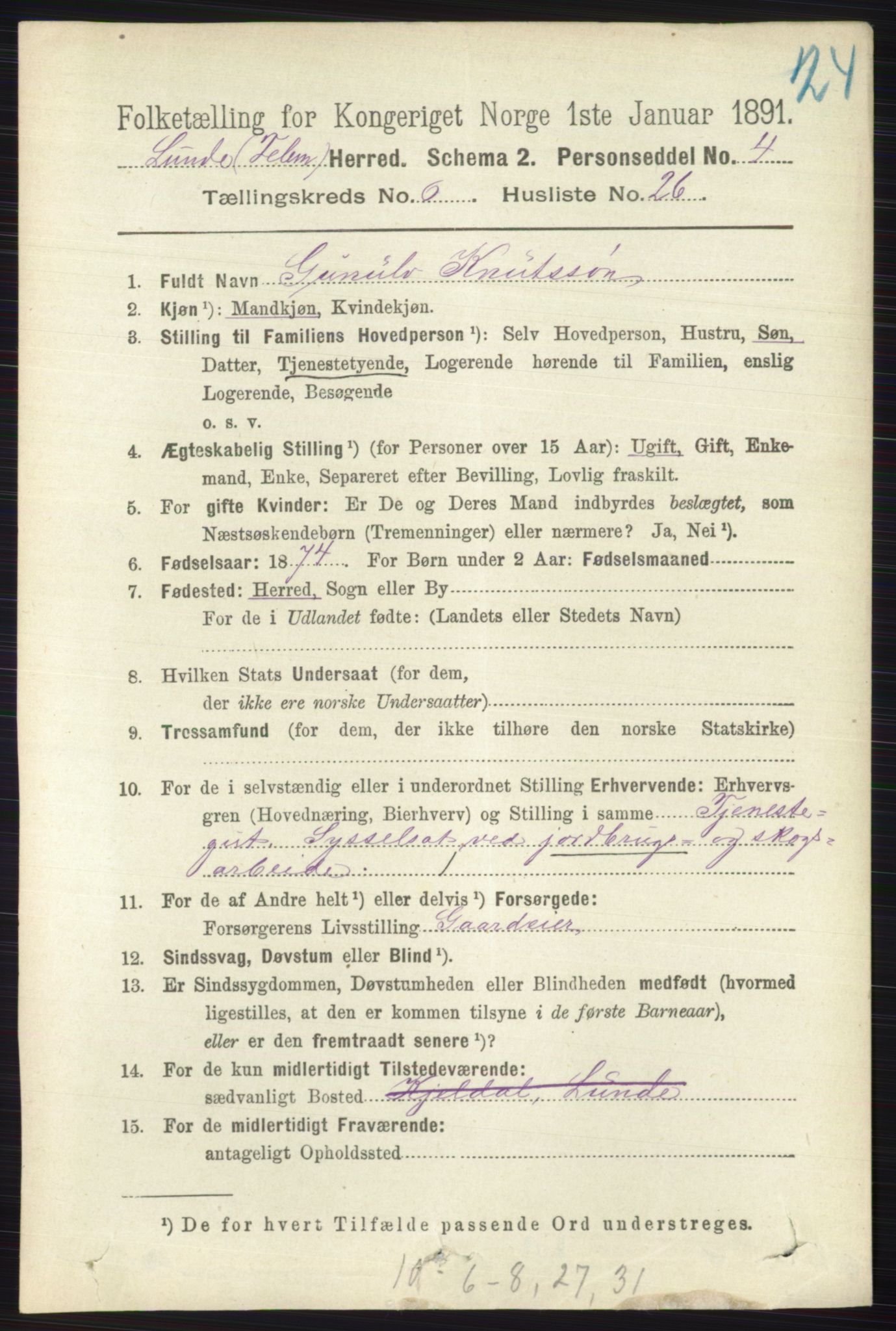 RA, 1891 census for 0820 Lunde, 1891, p. 2178