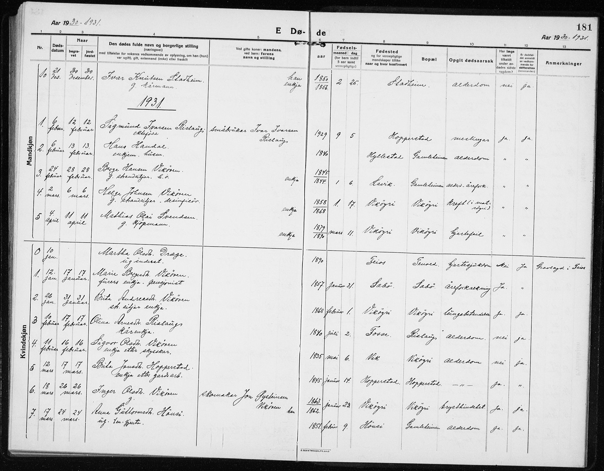 Vik sokneprestembete, AV/SAB-A-81501/H/Hab/Haba/L0005: Parish register (copy) no. A 5, 1915-1935, p. 181