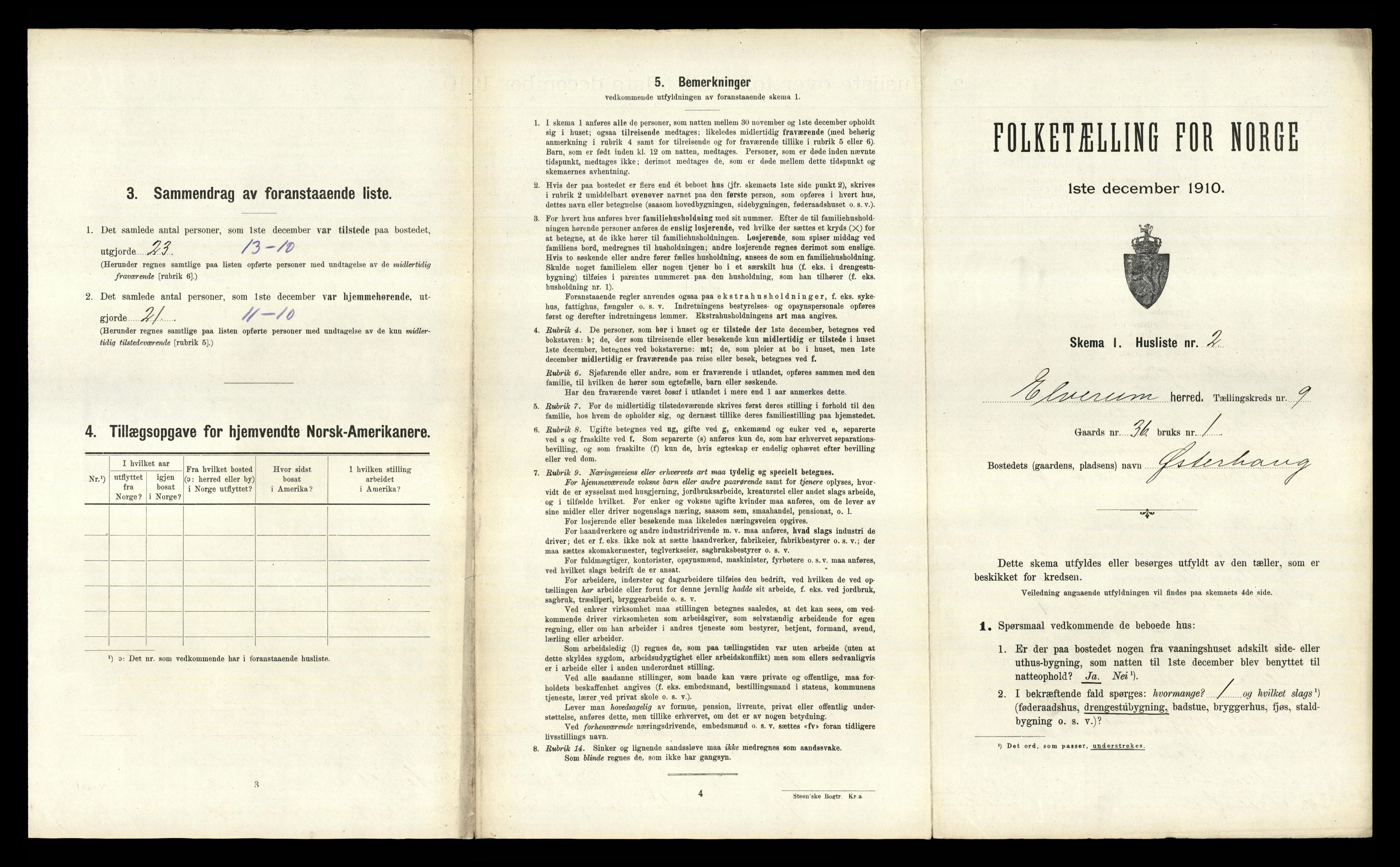 RA, 1910 census for Elverum, 1910, p. 1307