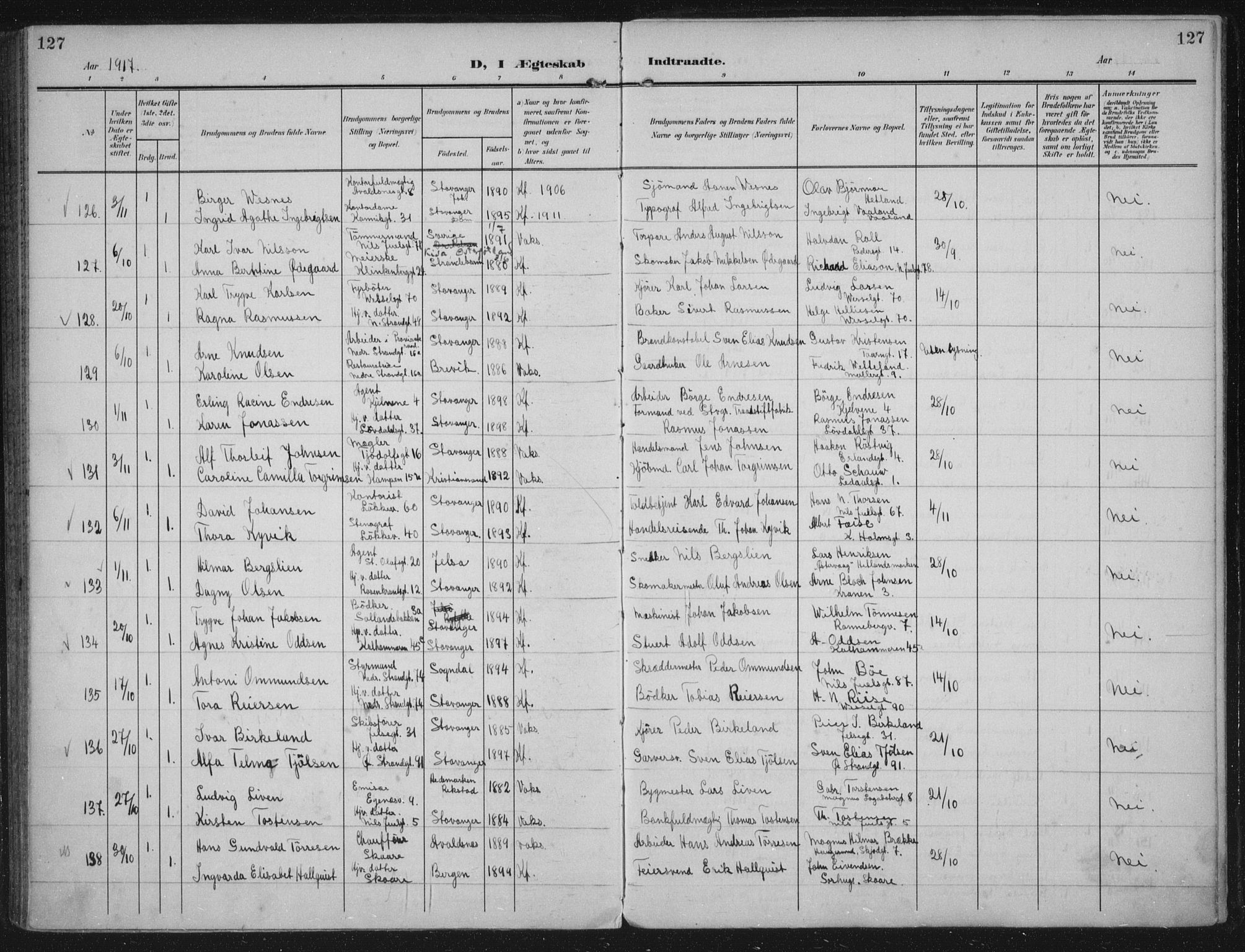 Domkirken sokneprestkontor, AV/SAST-A-101812/002/A/L0016: Parish register (official) no. A 33, 1905-1922, p. 127