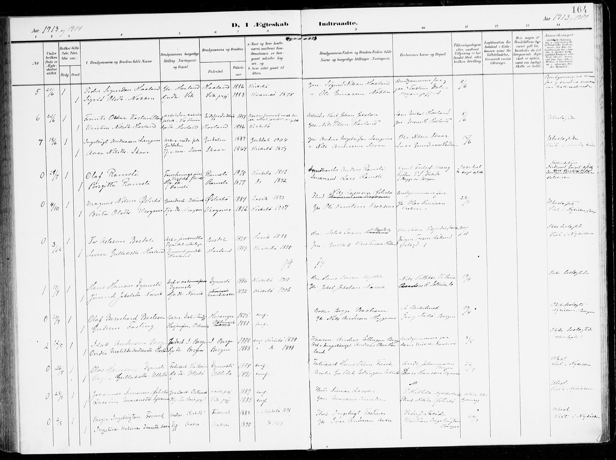 Lavik sokneprestembete, SAB/A-80901: Parish register (official) no. C 2, 1904-1921, p. 164