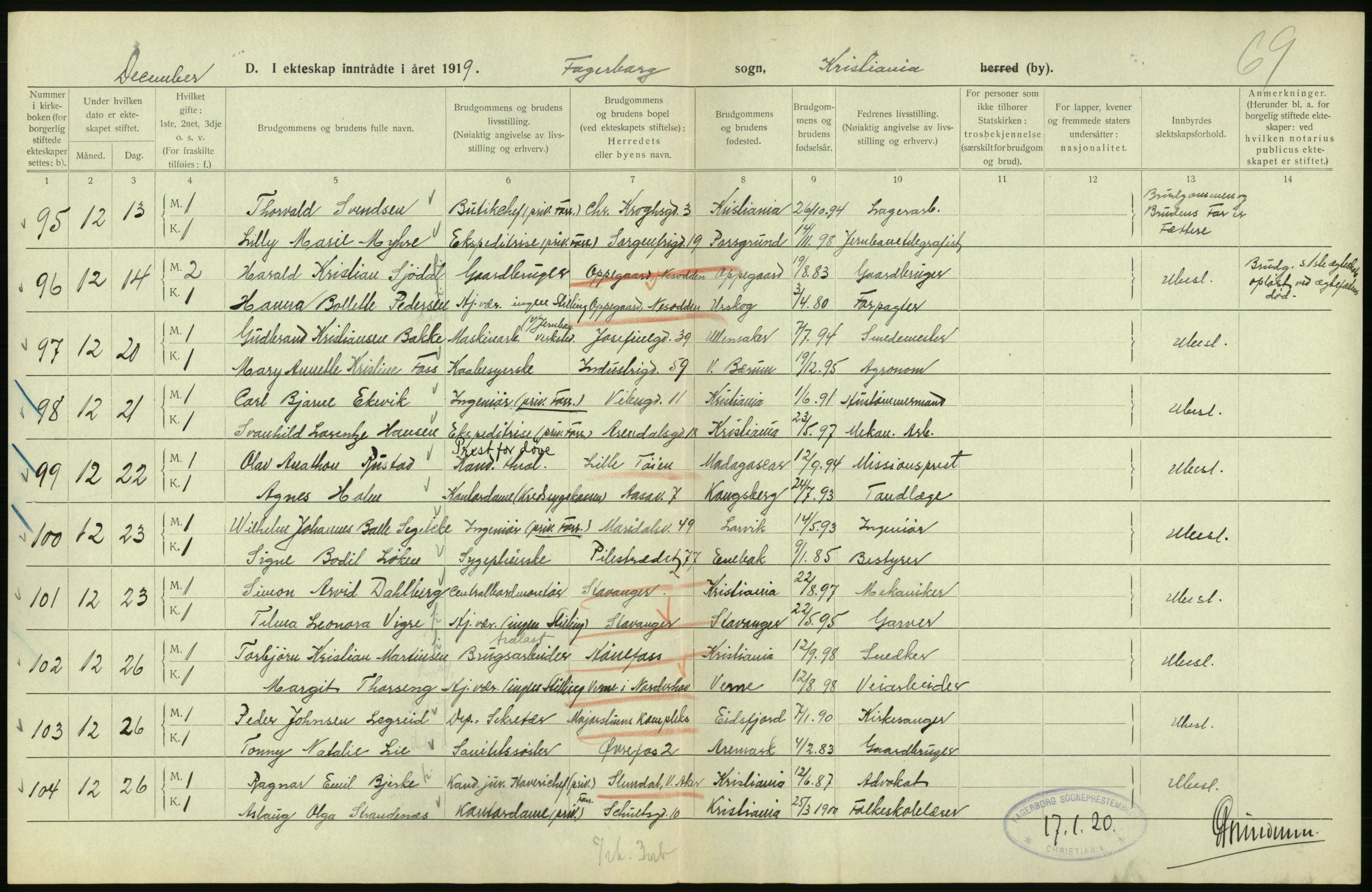 Statistisk sentralbyrå, Sosiodemografiske emner, Befolkning, AV/RA-S-2228/D/Df/Dfb/Dfbi/L0009: Kristiania: Gifte, 1919, p. 272