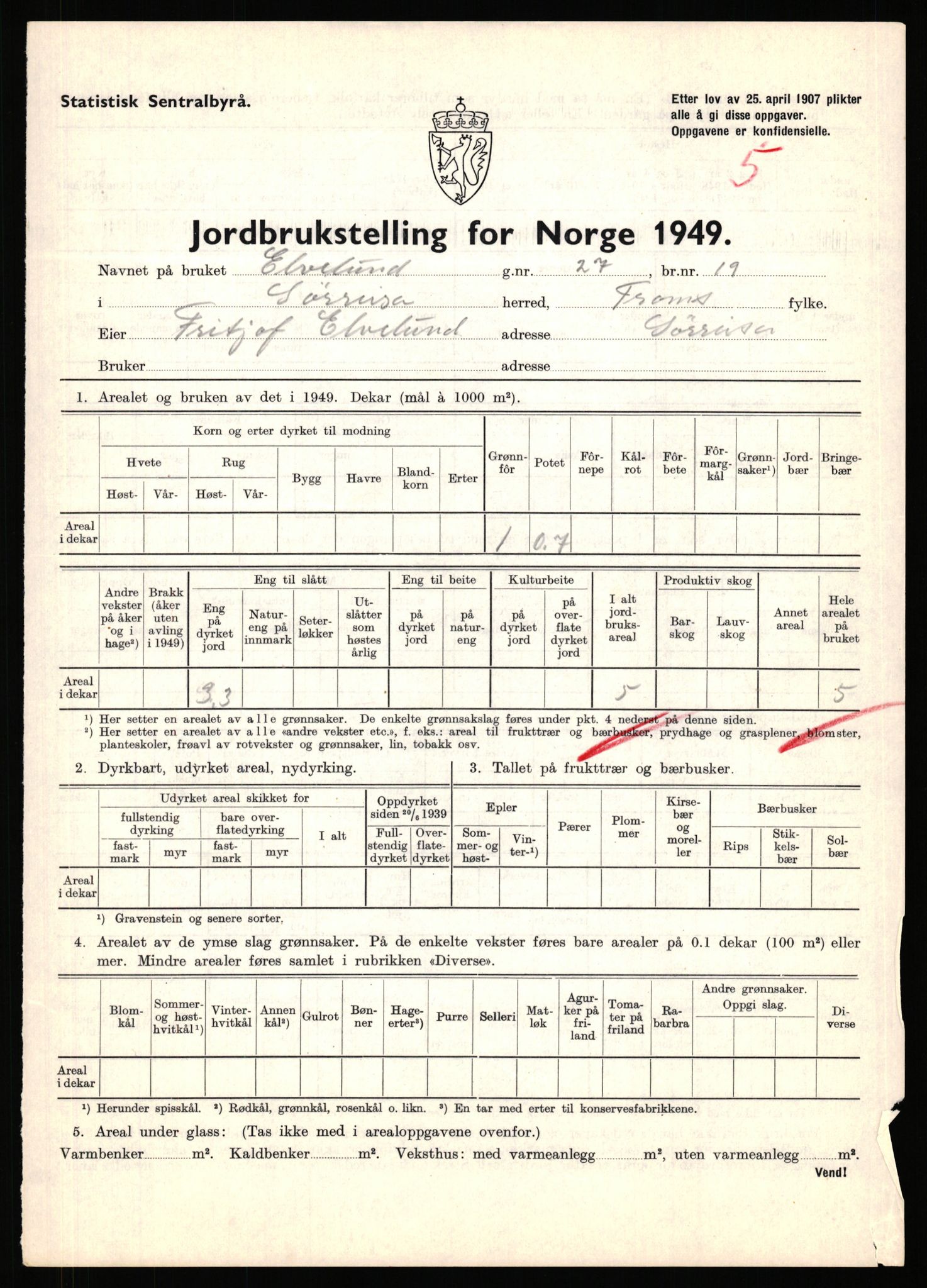 Statistisk sentralbyrå, Næringsøkonomiske emner, Jordbruk, skogbruk, jakt, fiske og fangst, AV/RA-S-2234/G/Gc/L0440: Troms: Sørreisa og Dyrøy, 1949, p. 103