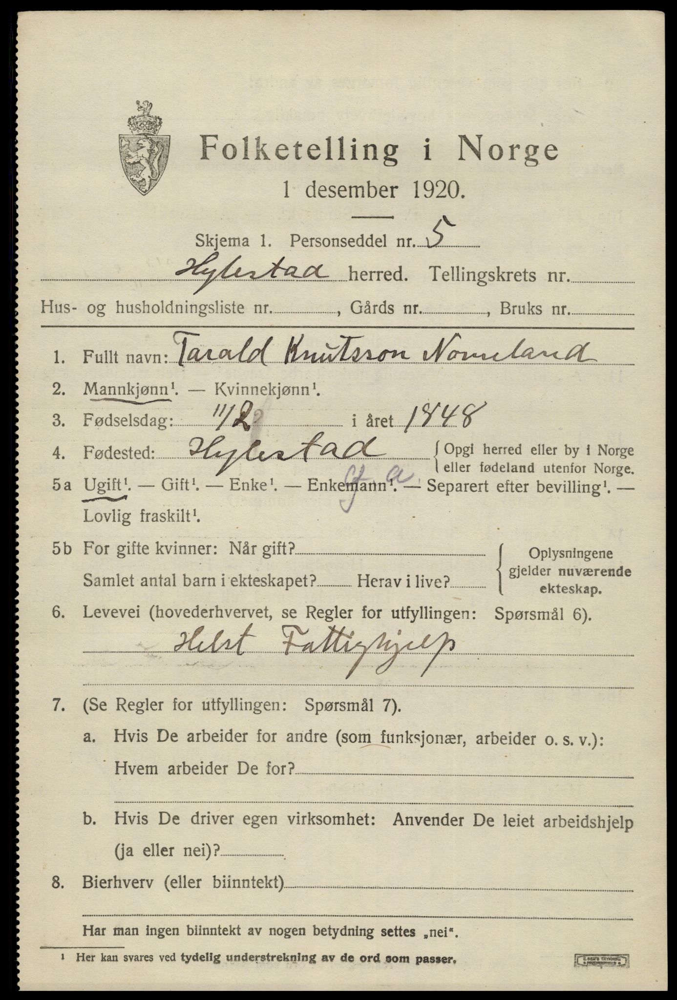 SAK, 1920 census for Hylestad, 1920, p. 456