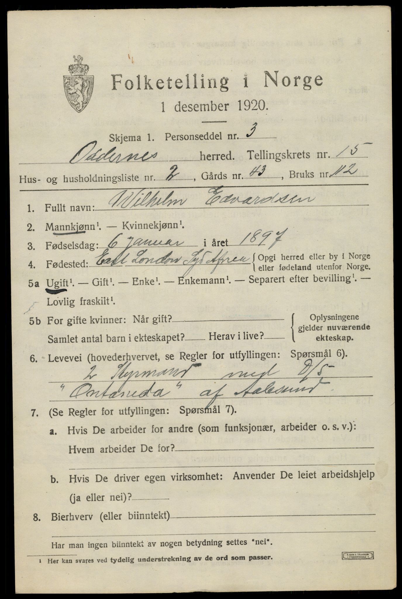 SAK, 1920 census for Oddernes, 1920, p. 9893