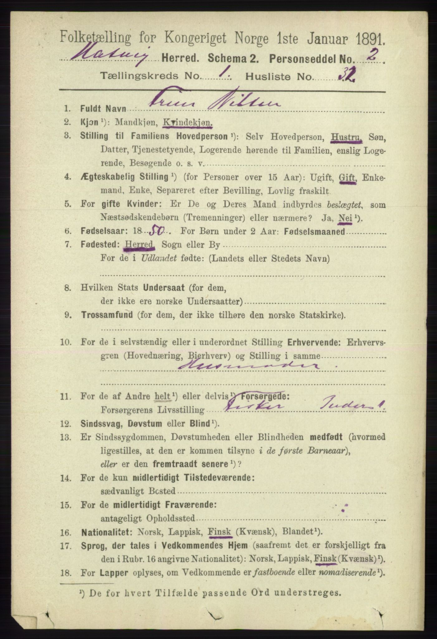 RA, 1891 census for 2015 Hasvik, 1891, p. 254