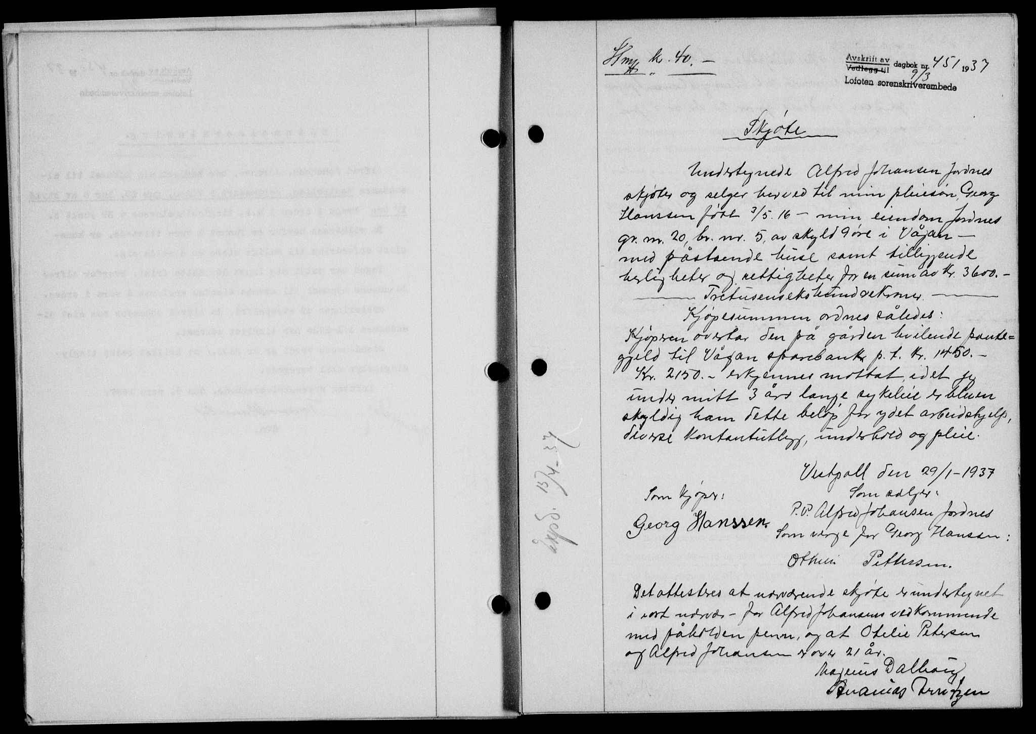 Lofoten sorenskriveri, SAT/A-0017/1/2/2C/L0002a: Mortgage book no. 2a, 1937-1937, Diary no: : 451/1937