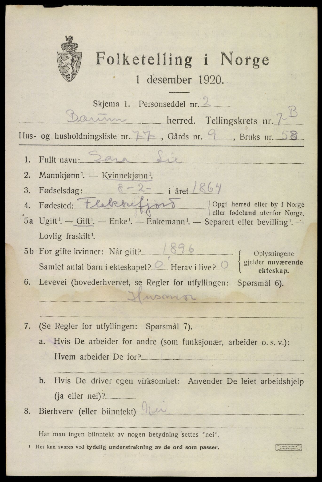 SAO, 1920 census for Bærum, 1920, p. 18192