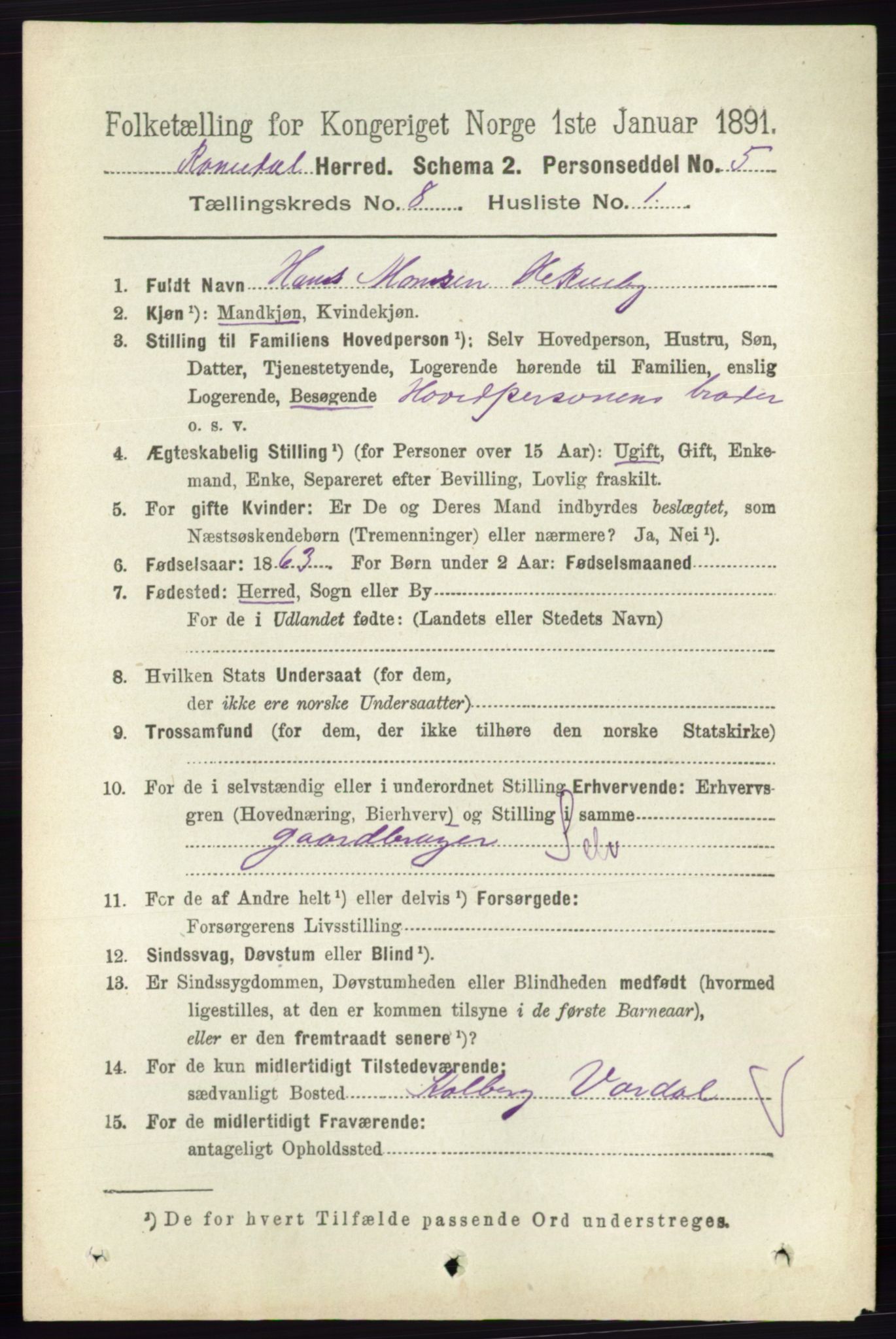 RA, 1891 census for 0416 Romedal, 1891, p. 3968