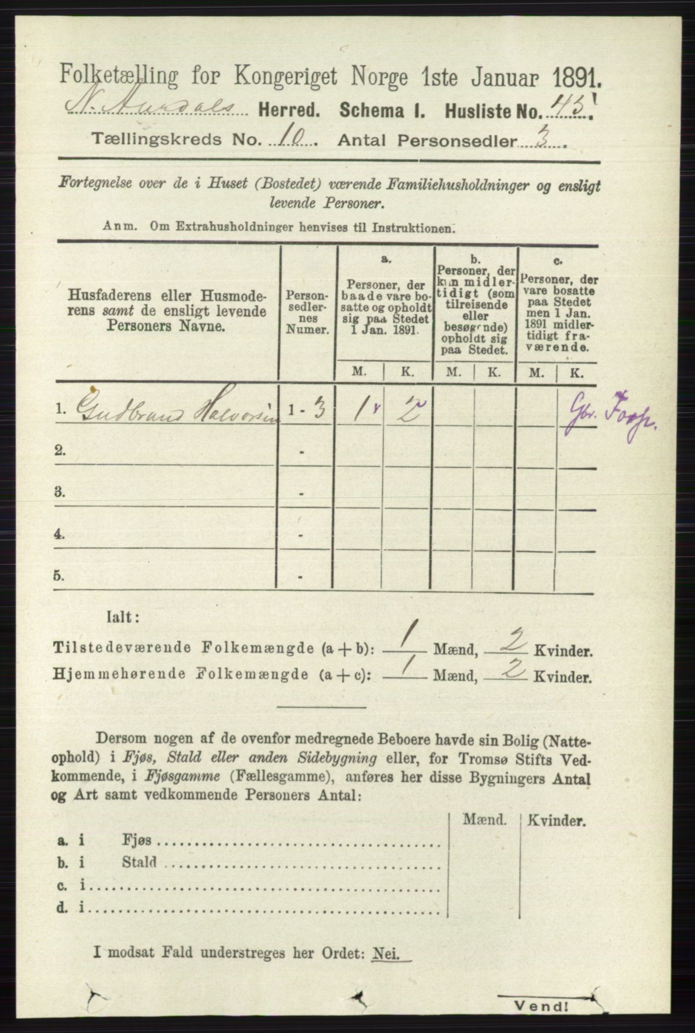 RA, 1891 census for 0542 Nord-Aurdal, 1891, p. 3726