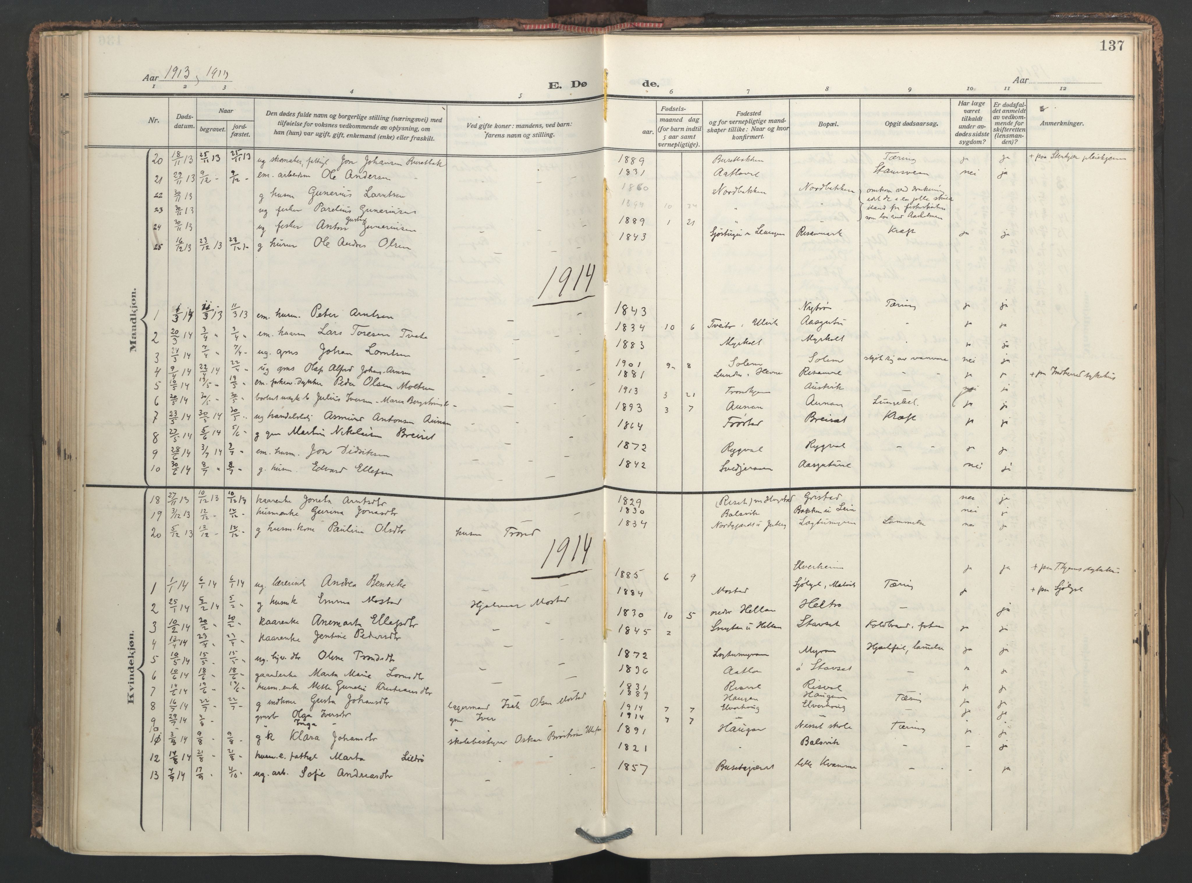 Ministerialprotokoller, klokkerbøker og fødselsregistre - Nord-Trøndelag, SAT/A-1458/713/L0123: Parish register (official) no. 713A12, 1911-1925, p. 137