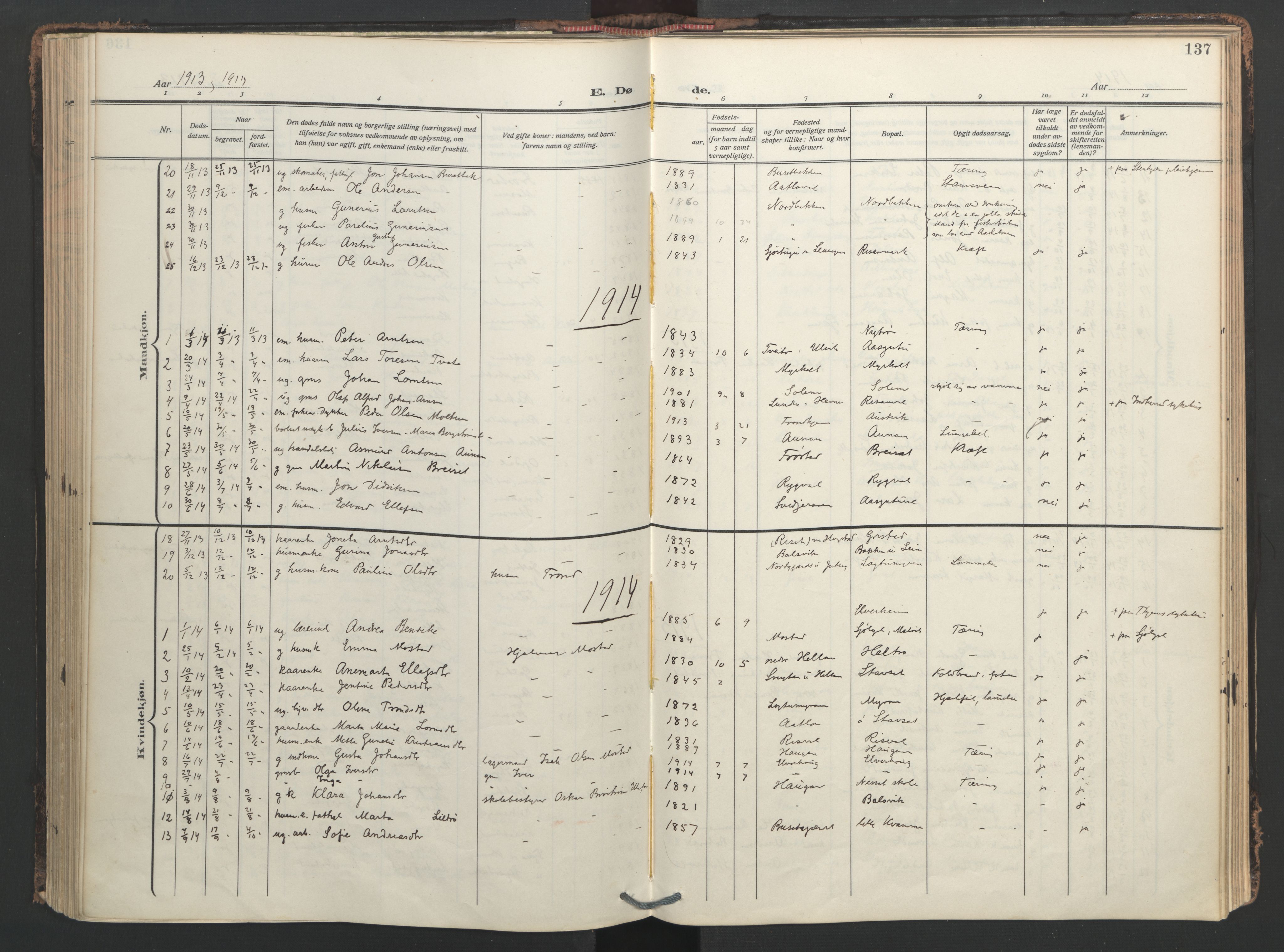 Ministerialprotokoller, klokkerbøker og fødselsregistre - Nord-Trøndelag, AV/SAT-A-1458/713/L0123: Parish register (official) no. 713A12, 1911-1925, p. 137