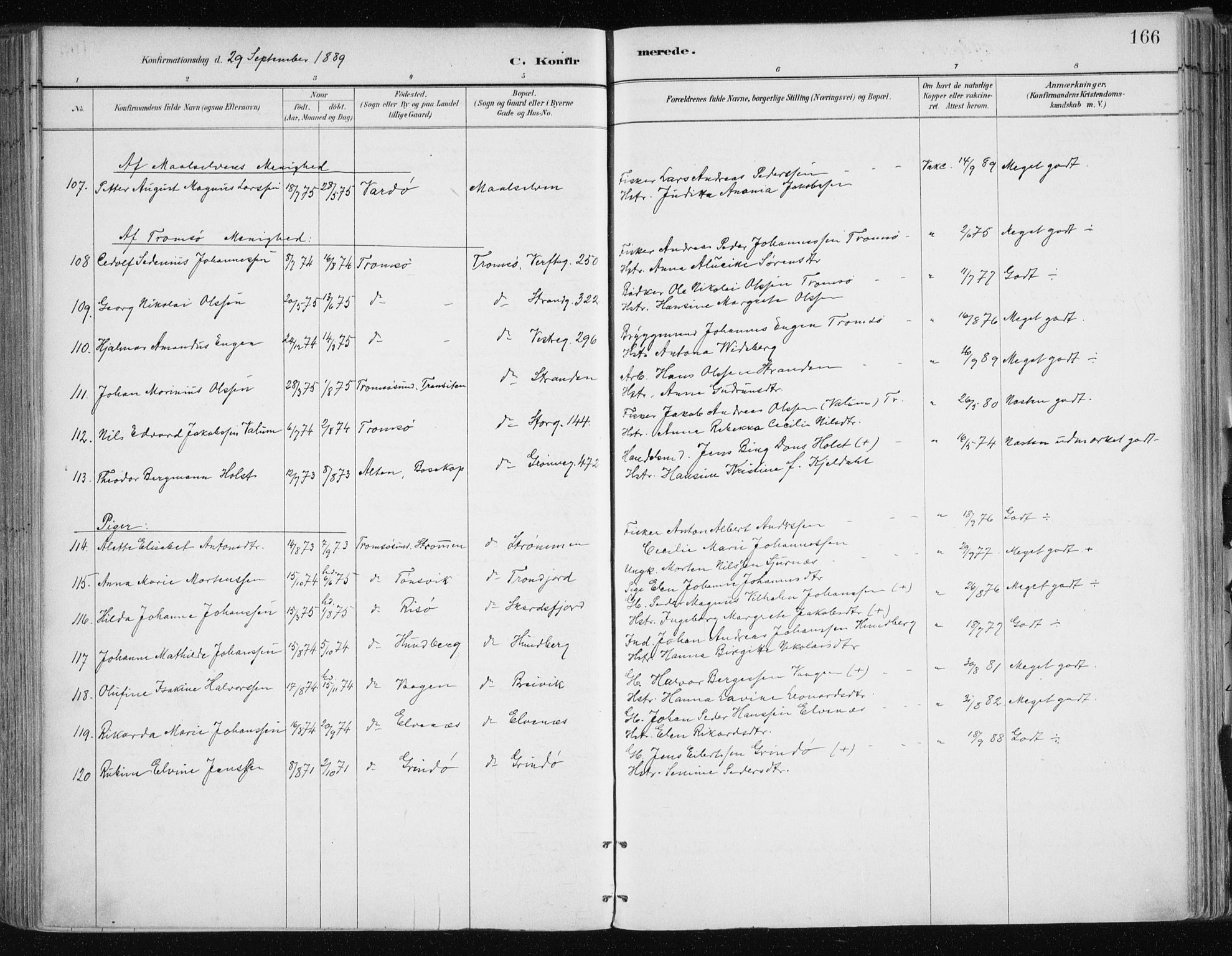 Tromsøysund sokneprestkontor, SATØ/S-1304/G/Ga/L0005kirke: Parish register (official) no. 5, 1888-1896, p. 166