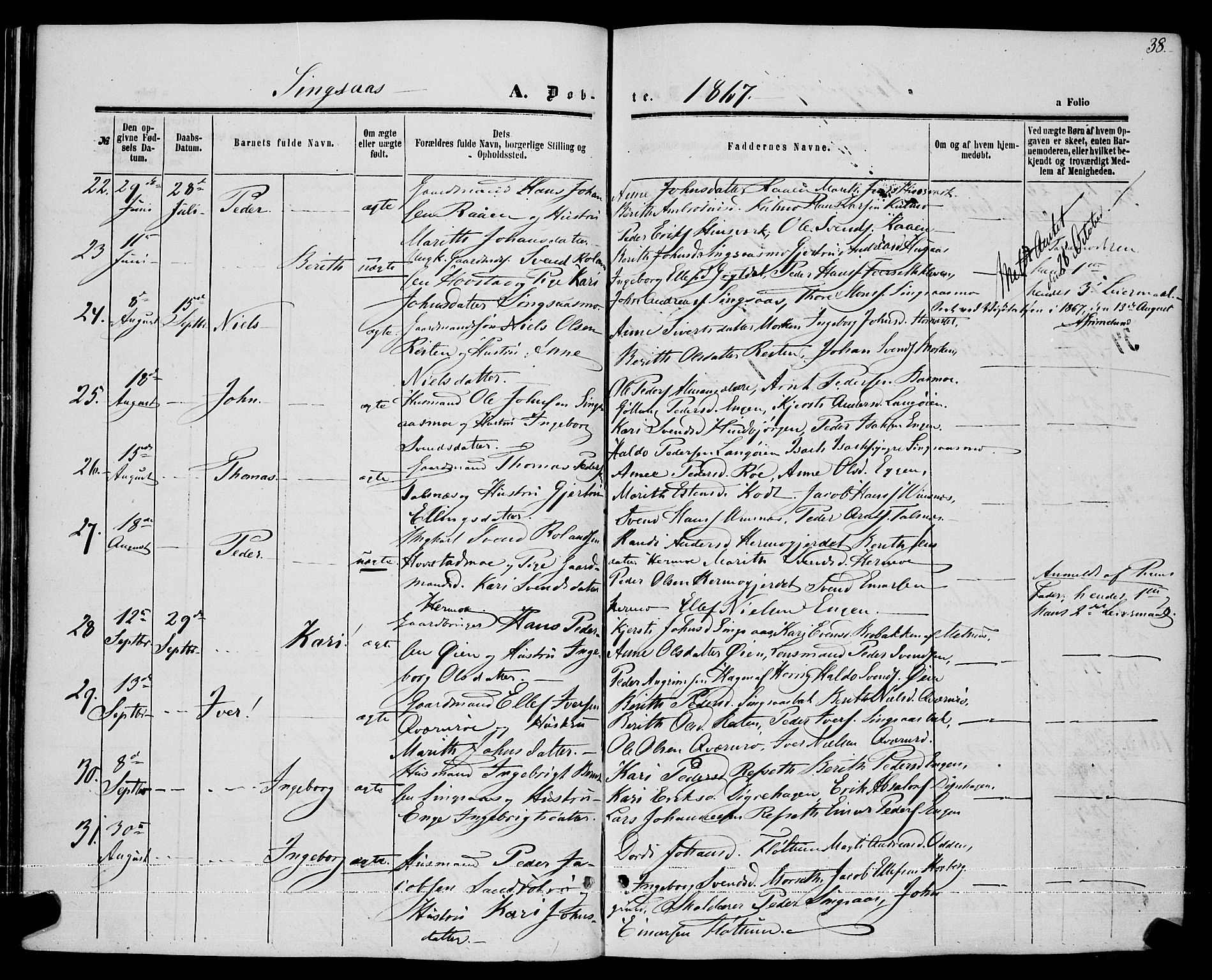 Ministerialprotokoller, klokkerbøker og fødselsregistre - Sør-Trøndelag, SAT/A-1456/685/L0967: Parish register (official) no. 685A07 /2, 1860-1869, p. 38