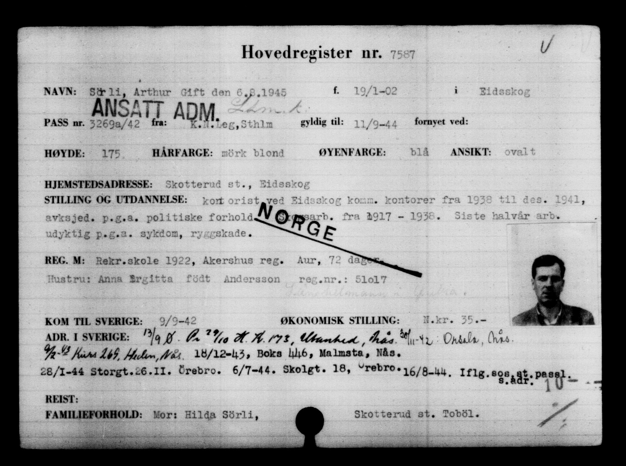 Utenriksstasjonene, Legasjonen i Stockholm, Flyktningkontoret, AV/RA-S-6753/V/Va/L0005: Kjesäterkartoteket, flyktninger med registreringsnr. 6600-9417, 1940-1945, p. 1149