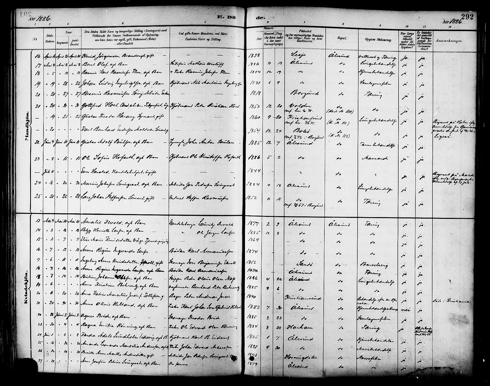 Ministerialprotokoller, klokkerbøker og fødselsregistre - Møre og Romsdal, SAT/A-1454/529/L0455: Parish register (official) no. 529A05, 1885-1893, p. 292