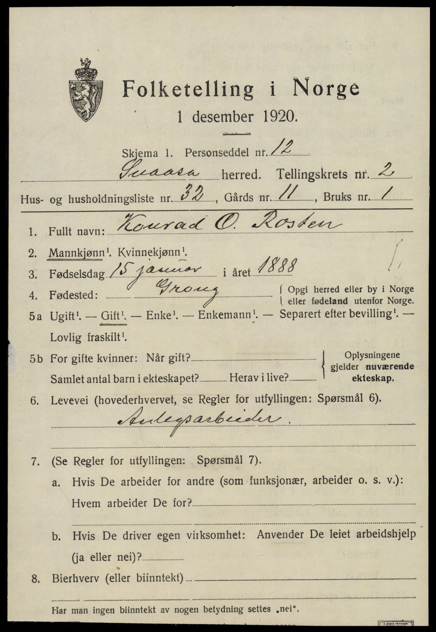 SAT, 1920 census for Snåsa, 1920, p. 1530