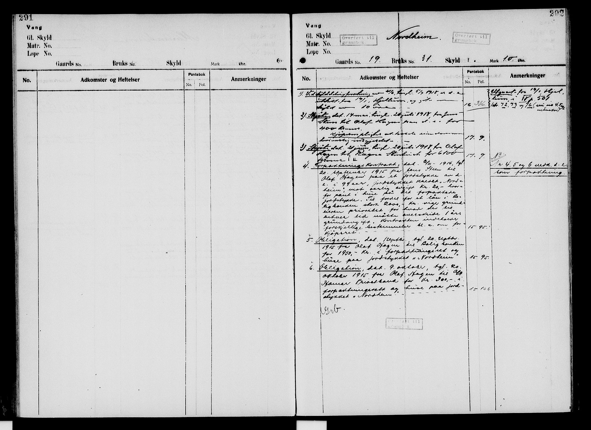 Nord-Hedmark sorenskriveri, SAH/TING-012/H/Ha/Had/Hade/L0005: Mortgage register no. 4.5, 1916-1940, p. 291-292