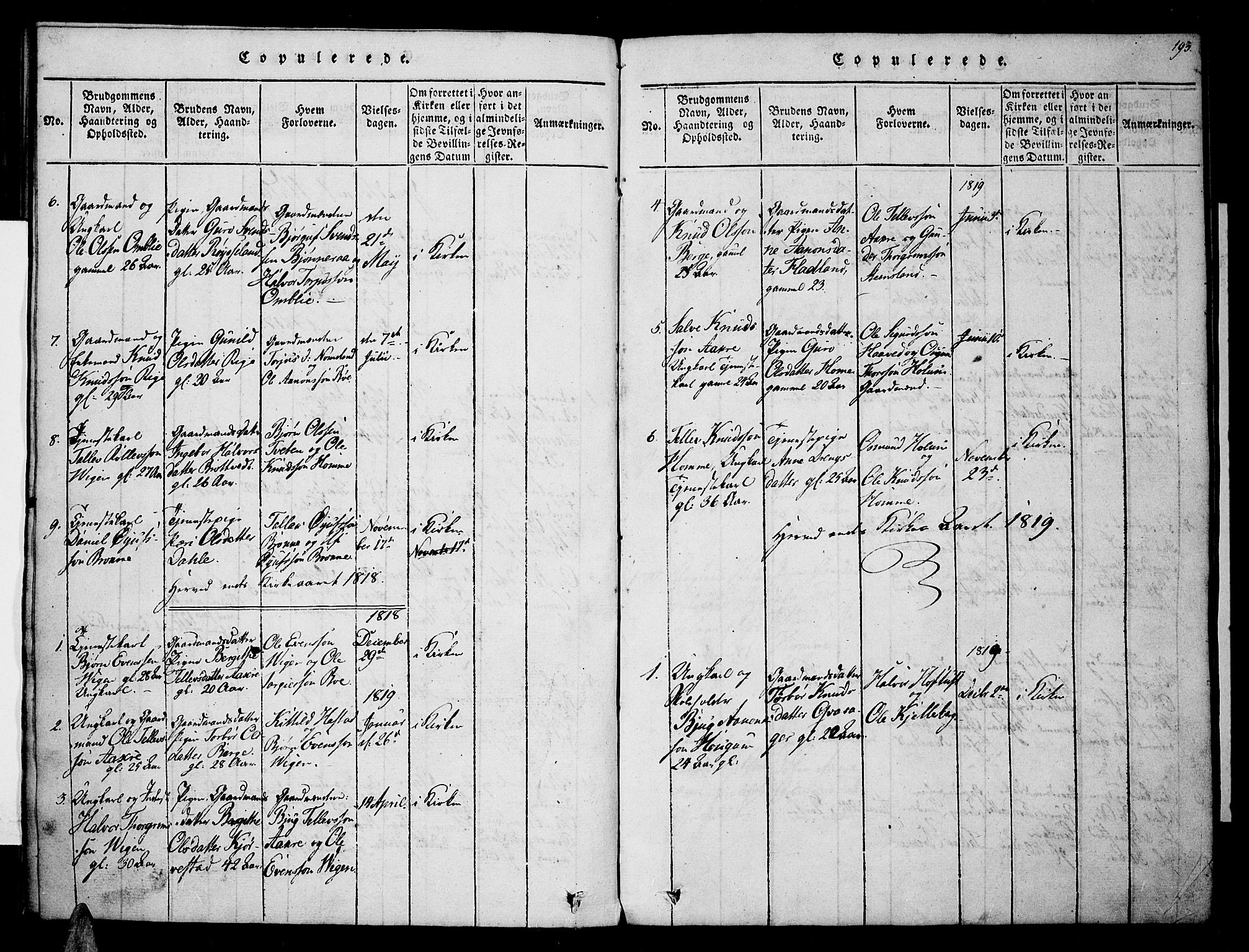 Valle sokneprestkontor, SAK/1111-0044/F/Fa/Fac/L0005: Parish register (official) no. A 5 /1, 1816-1831, p. 193