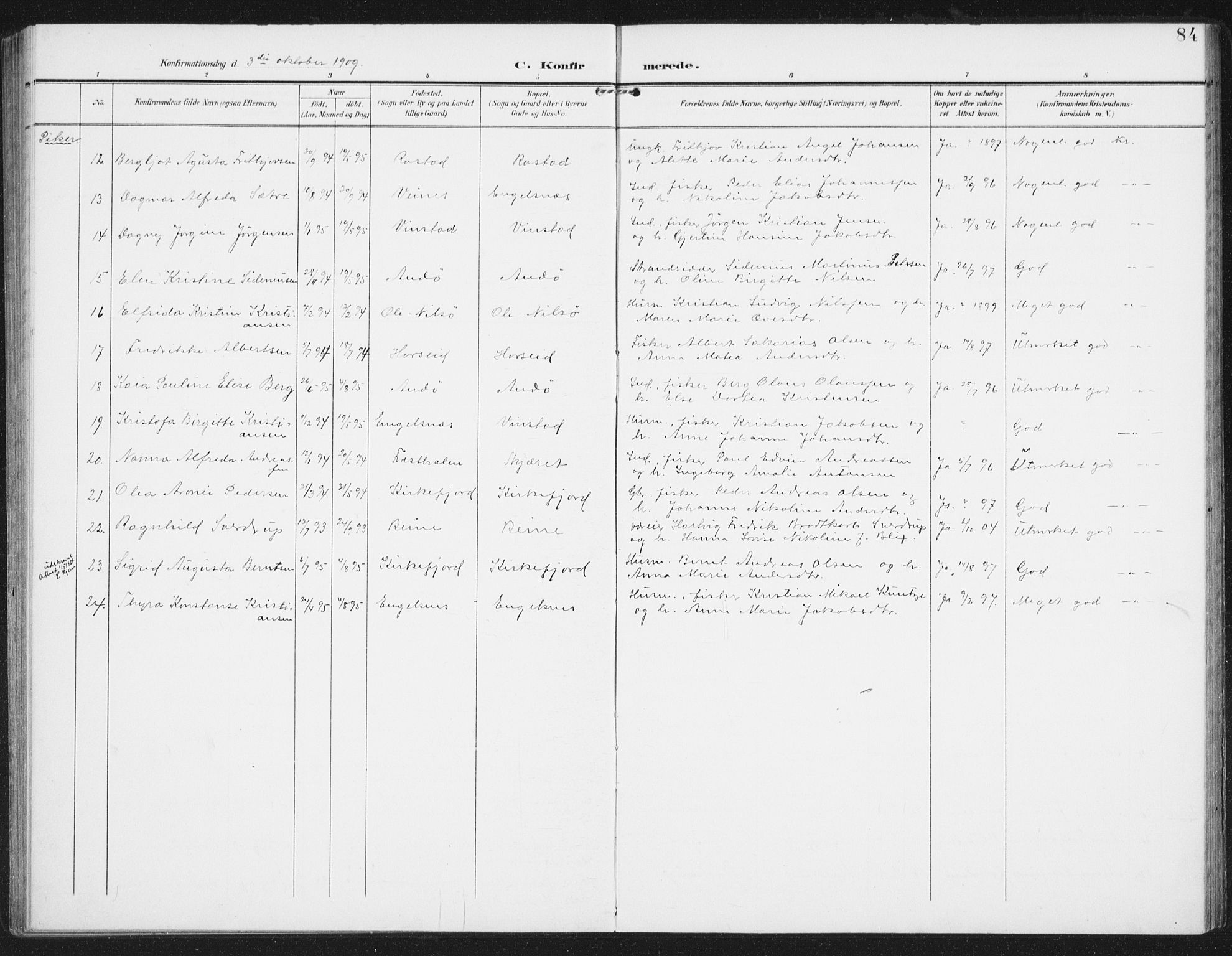 Ministerialprotokoller, klokkerbøker og fødselsregistre - Nordland, SAT/A-1459/886/L1221: Parish register (official) no. 886A03, 1903-1913, p. 84