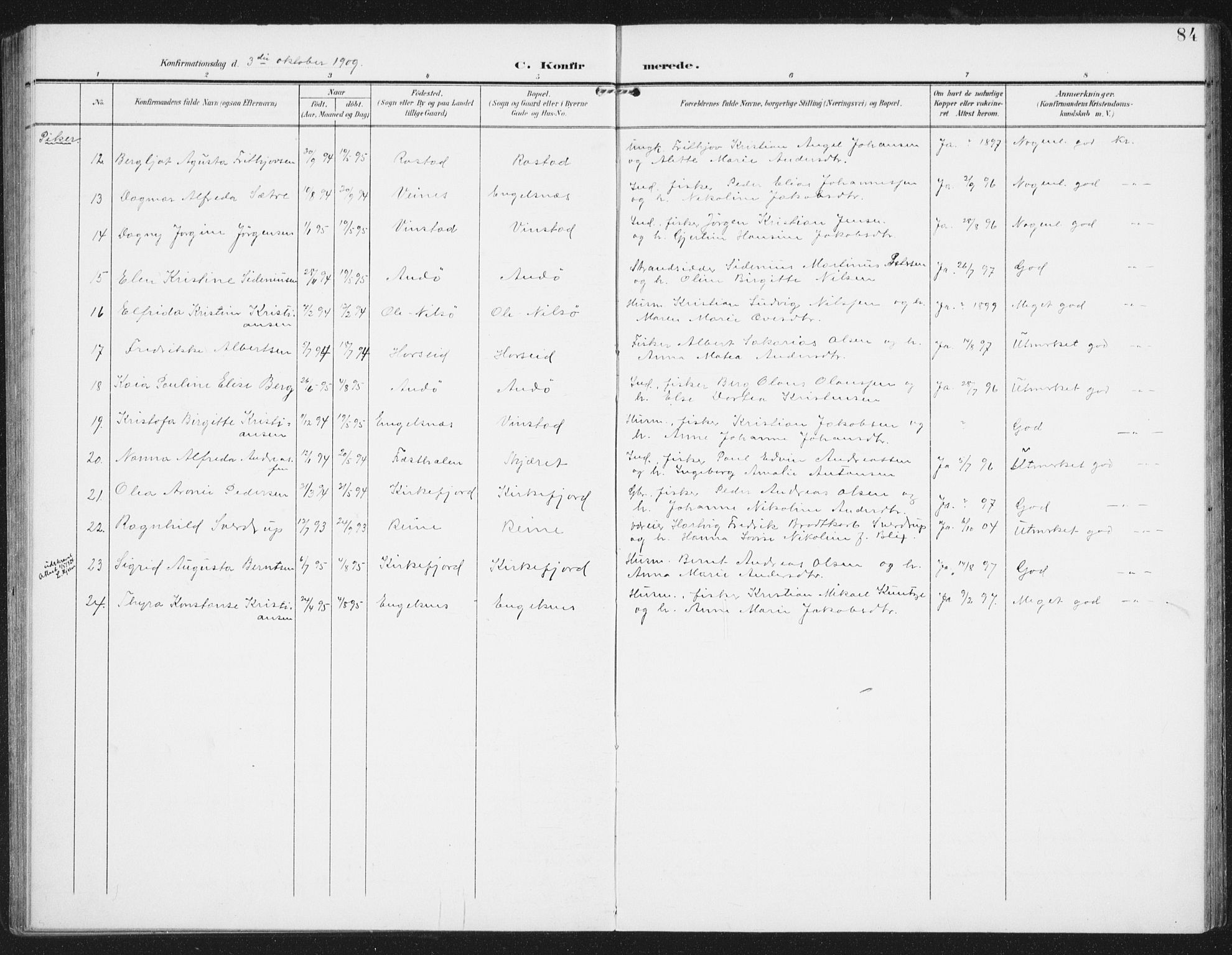 Ministerialprotokoller, klokkerbøker og fødselsregistre - Nordland, AV/SAT-A-1459/886/L1221: Parish register (official) no. 886A03, 1903-1913, p. 84