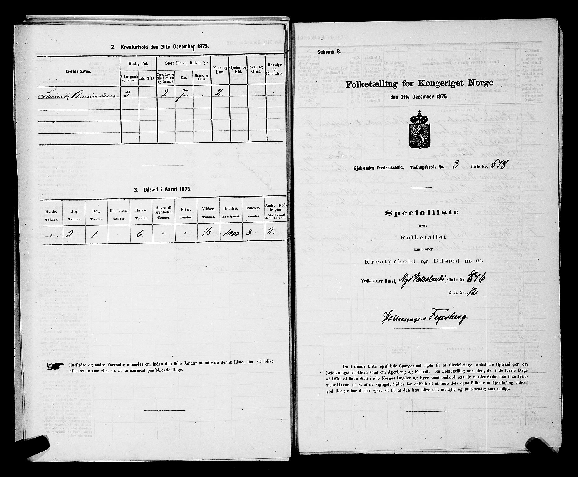 RA, 1875 census for 0101P Fredrikshald, 1875, p. 1405