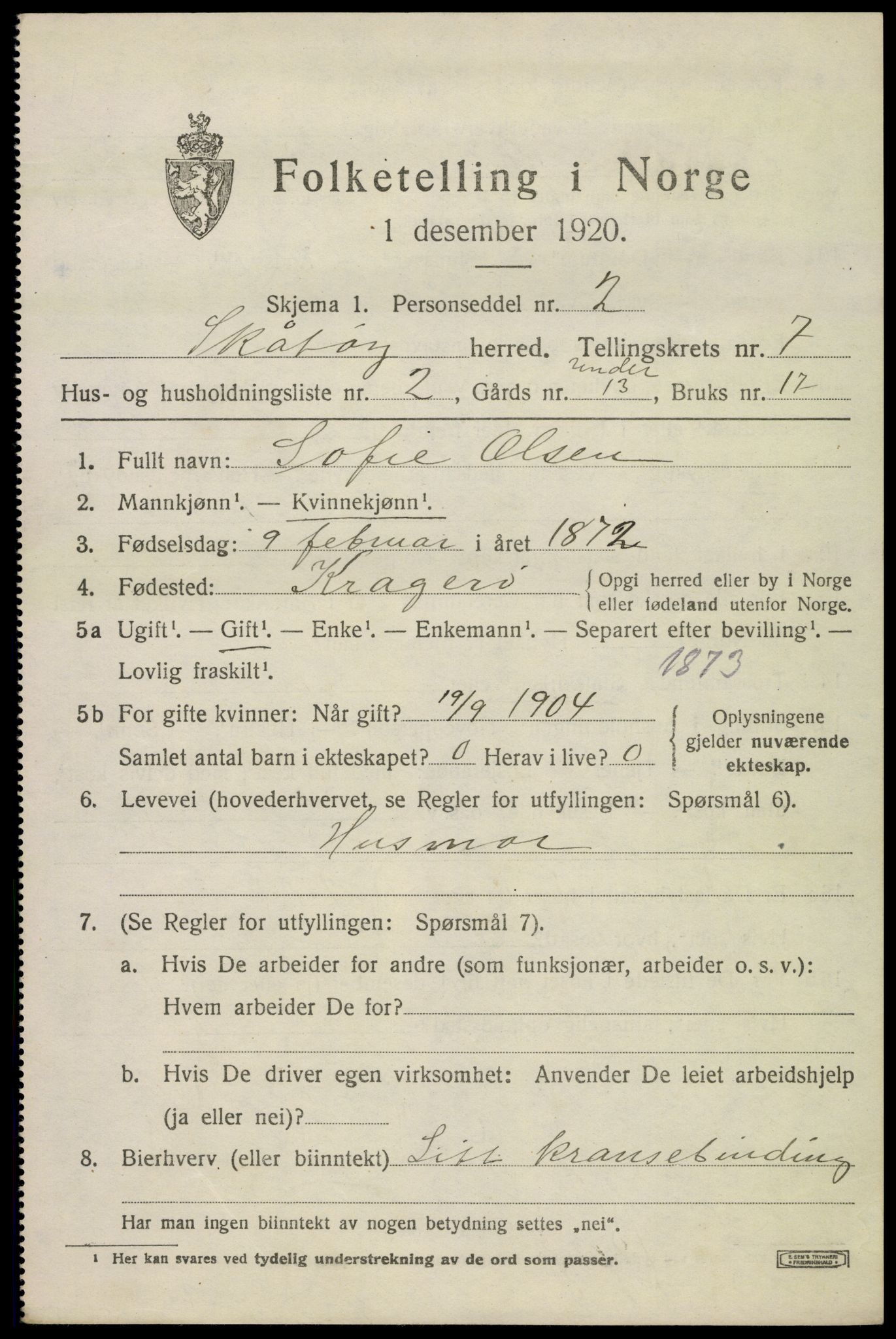 SAKO, 1920 census for Skåtøy, 1920, p. 5332