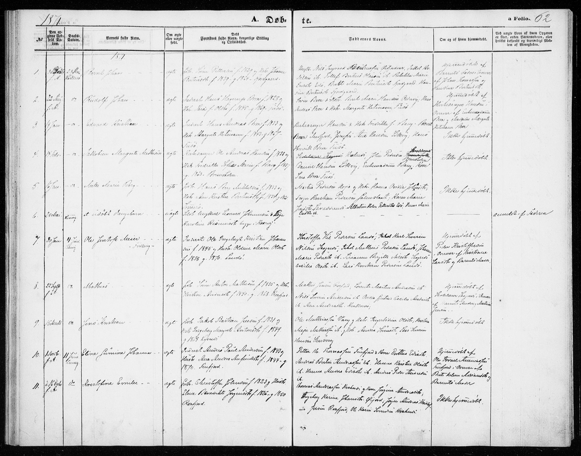 Lenvik sokneprestembete, SATØ/S-1310/H/Ha/Haa/L0009kirke: Parish register (official) no. 9, 1866-1873, p. 62