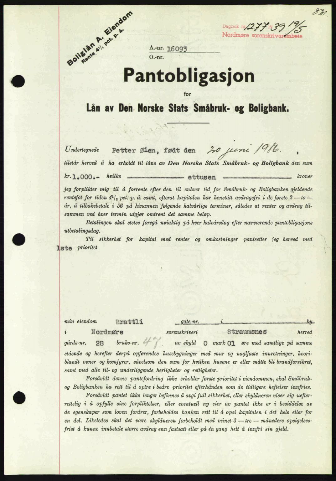 Nordmøre sorenskriveri, AV/SAT-A-4132/1/2/2Ca: Mortgage book no. B85, 1939-1939, Diary no: : 1277/1939