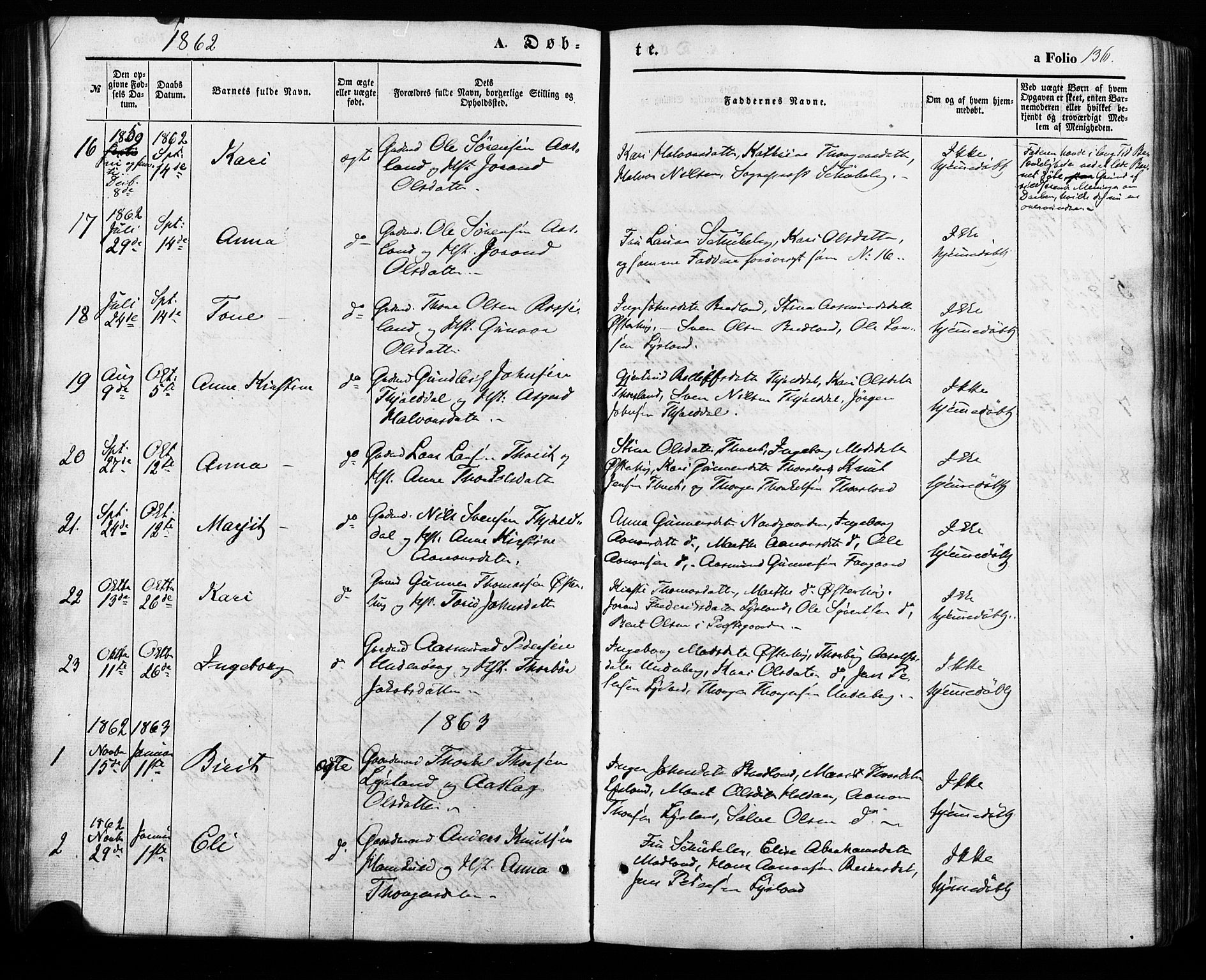 Åseral sokneprestkontor, AV/SAK-1111-0051/F/Fa/L0002: Parish register (official) no. A 2, 1854-1884, p. 136