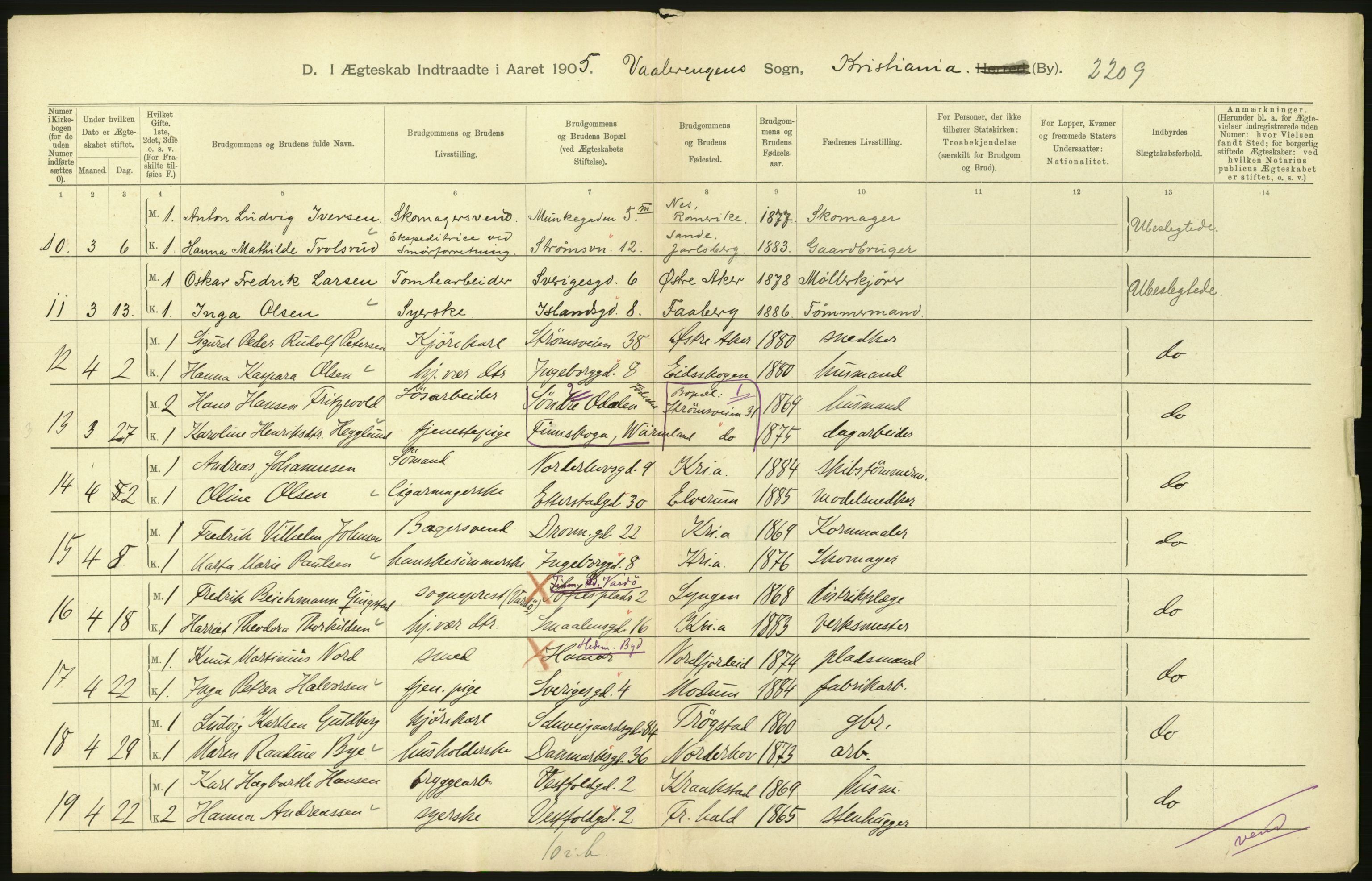 Statistisk sentralbyrå, Sosiodemografiske emner, Befolkning, AV/RA-S-2228/D/Df/Dfa/Dfac/L0007b: Kristiania: Gifte, 1905, p. 370