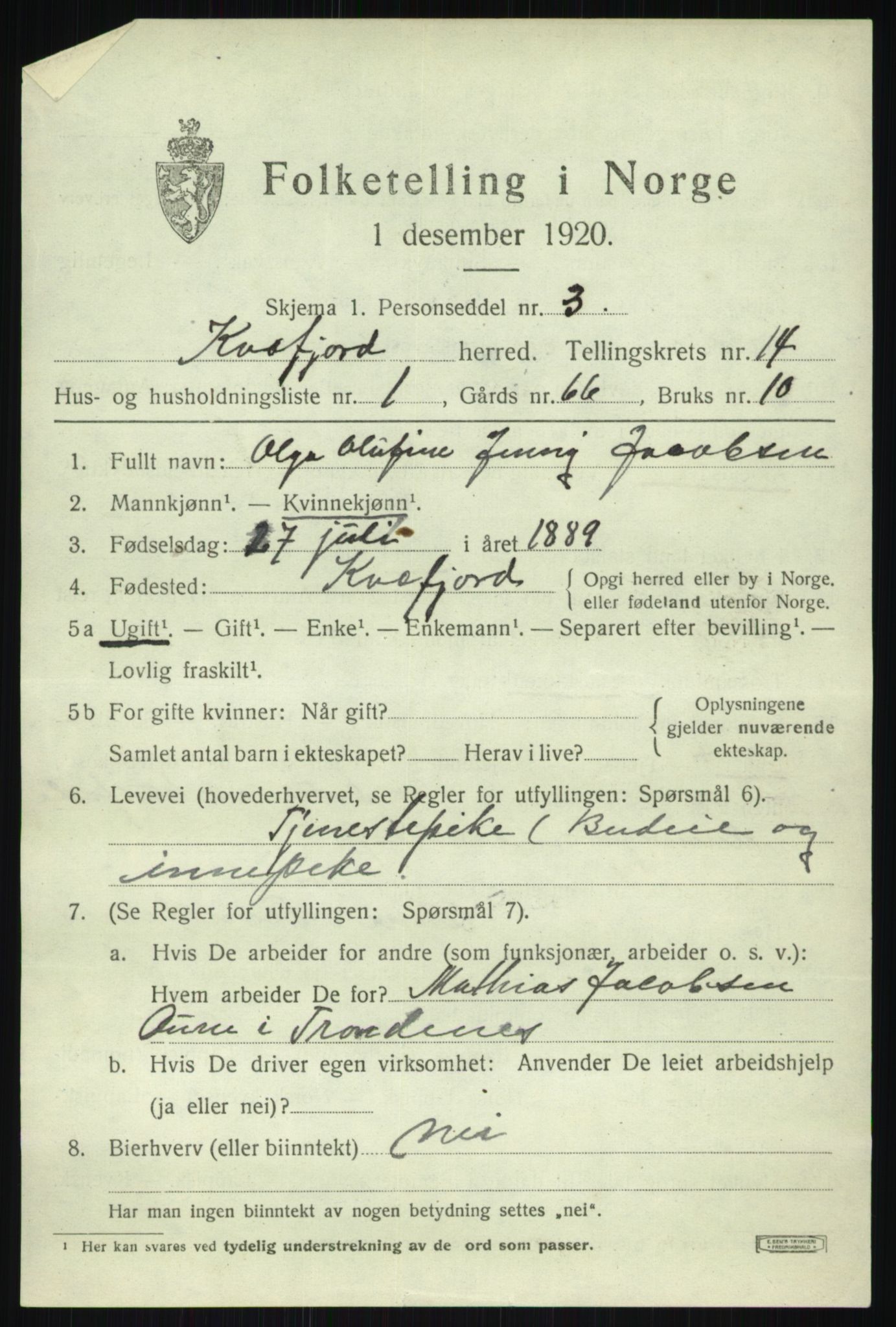 SATØ, 1920 census for Kvæfjord, 1920, p. 6673