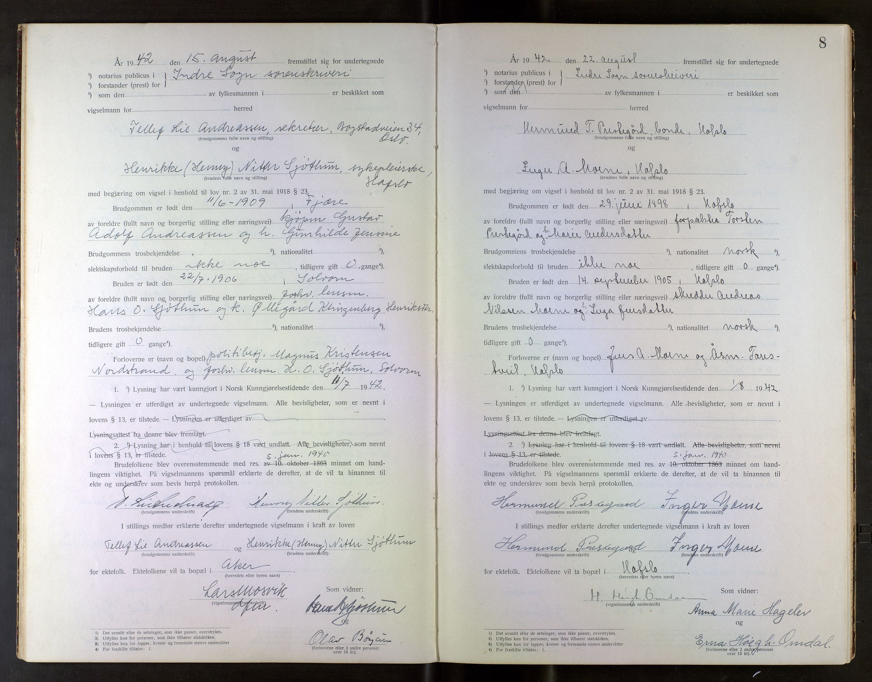 Indre Sogn tingrett, AV/SAB-A-3301/1/L/La/Laa/L0001: Vigselsbok Indre Sogn, 1938-1967, p. 8