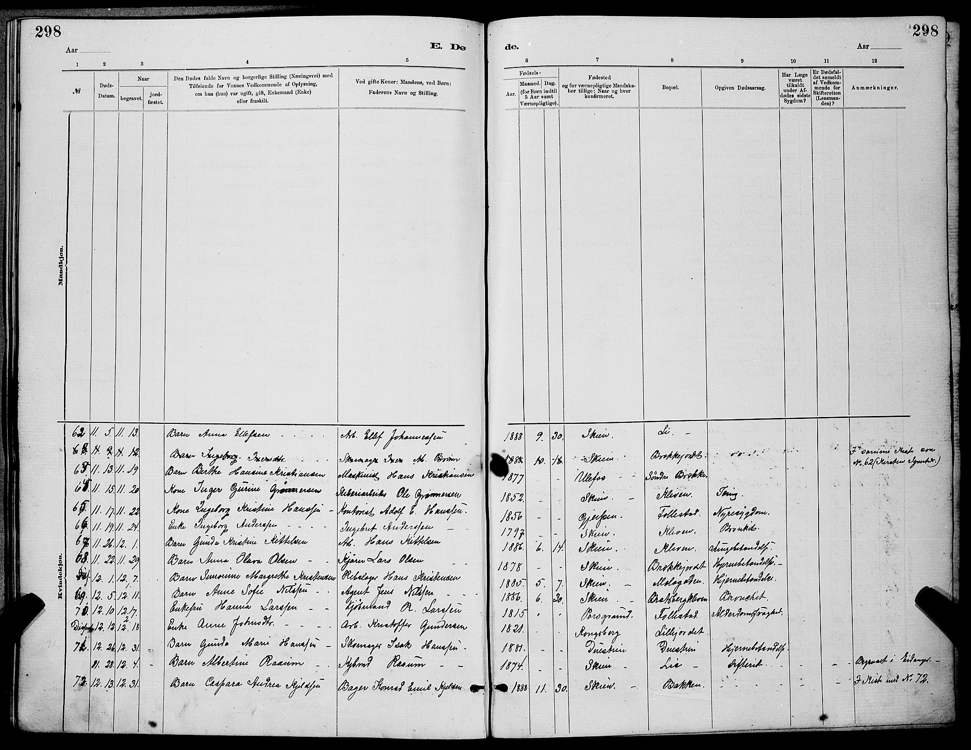 Skien kirkebøker, SAKO/A-302/G/Ga/L0006: Parish register (copy) no. 6, 1881-1890, p. 298