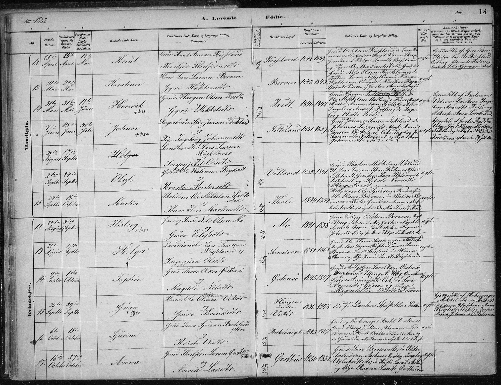 Kvam sokneprestembete, AV/SAB-A-76201/H/Haa: Parish register (official) no. B  1, 1880-1908, p. 14