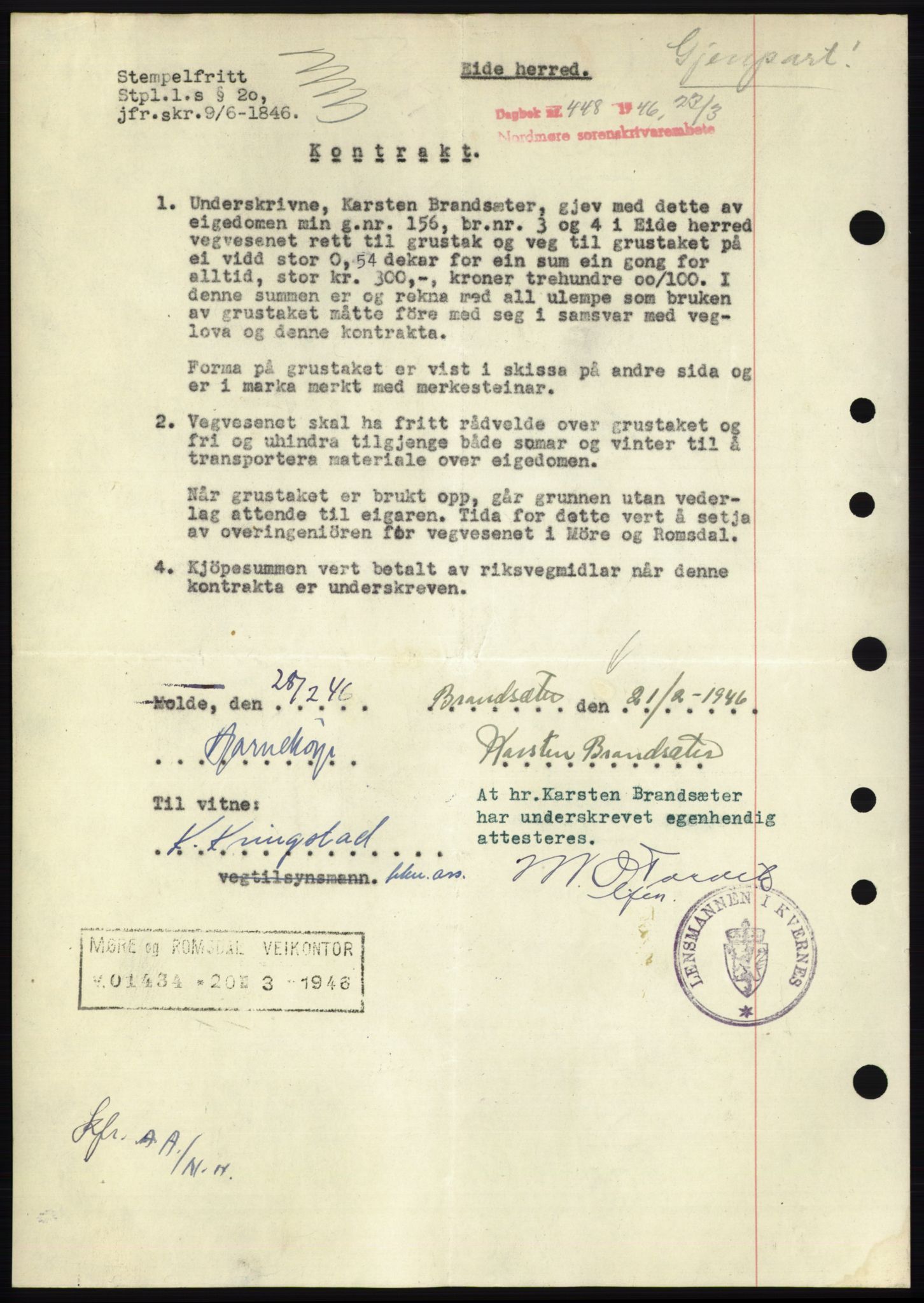 Nordmøre sorenskriveri, AV/SAT-A-4132/1/2/2Ca: Mortgage book no. B93b, 1946-1946, Diary no: : 448/1946