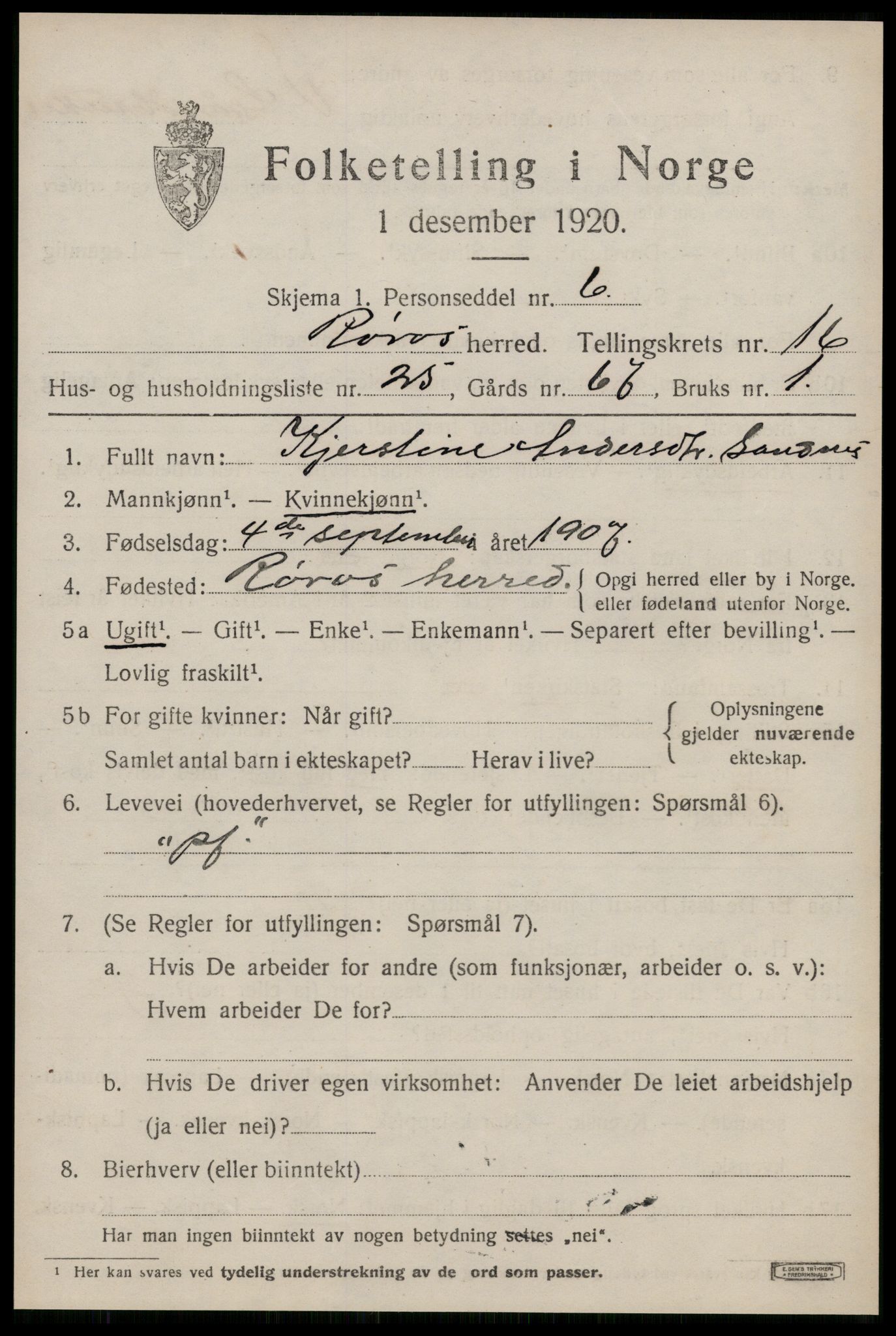 SAT, 1920 census for Røros, 1920, p. 11308