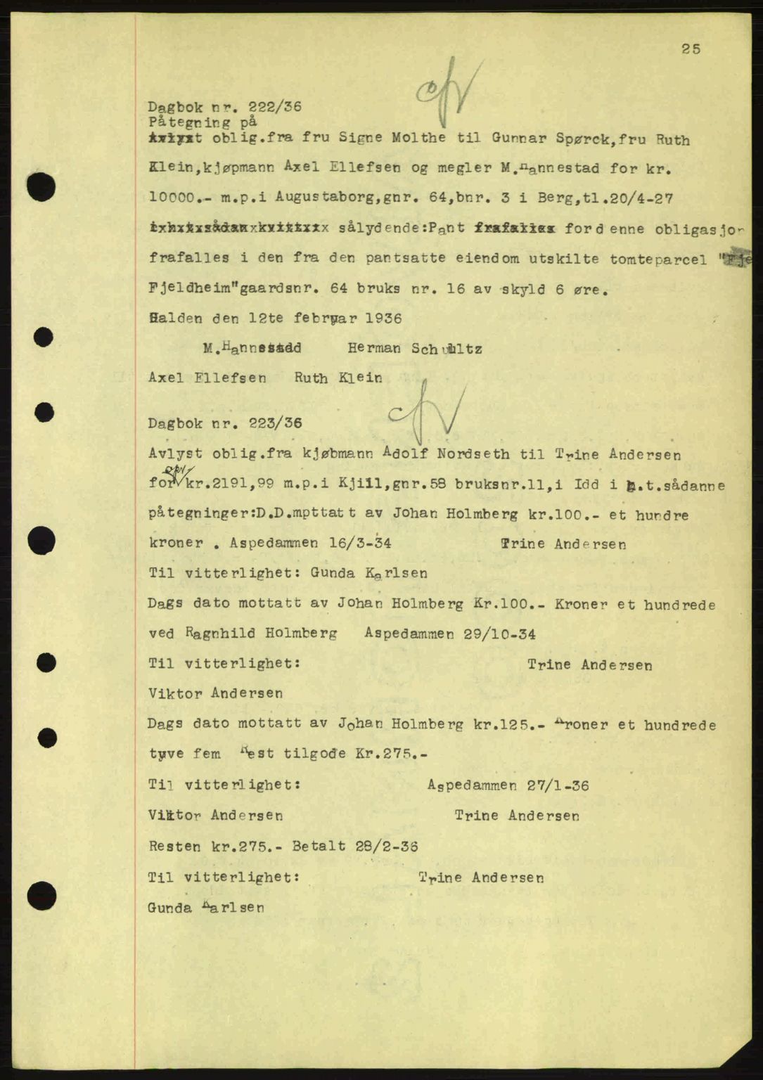 Idd og Marker sorenskriveri, AV/SAO-A-10283/G/Gb/Gbc/L0001: Mortgage book no. B1-3, 1936-1939, Diary no: : 222/1936