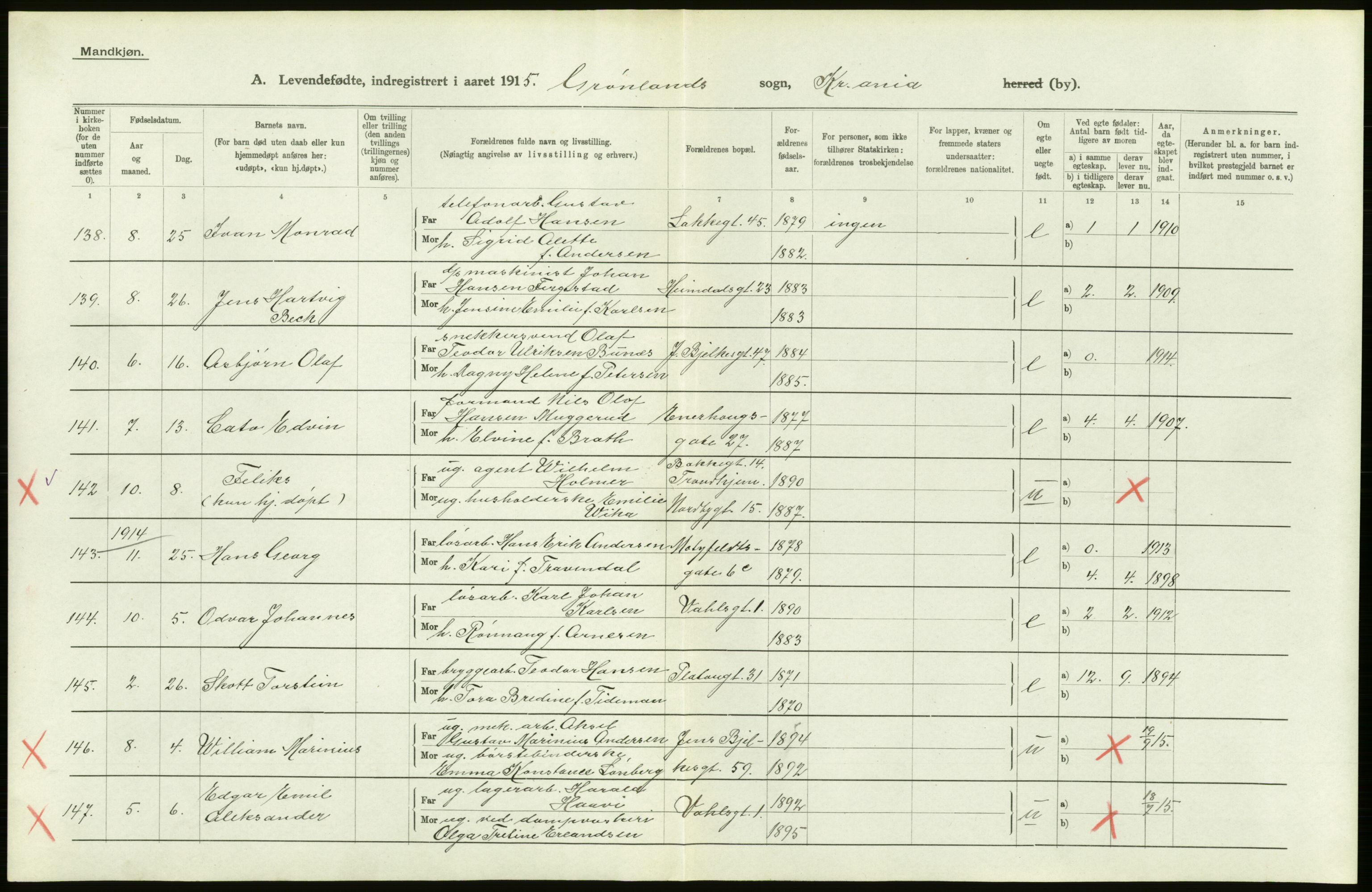 Statistisk sentralbyrå, Sosiodemografiske emner, Befolkning, AV/RA-S-2228/D/Df/Dfb/Dfbe/L0006: Kristiania: Levendefødte menn og kvinner., 1915, p. 688