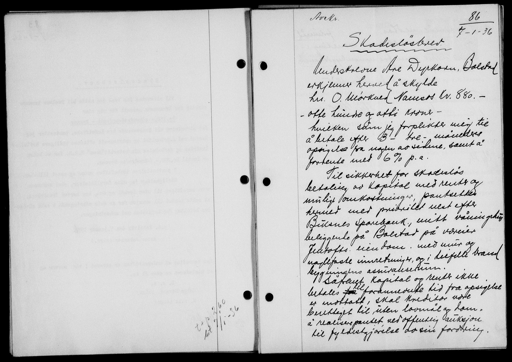 Lofoten sorenskriveri, SAT/A-0017/1/2/2C/L0033b: Mortgage book no. 33b, 1936-1936, Diary no: : 86/1936