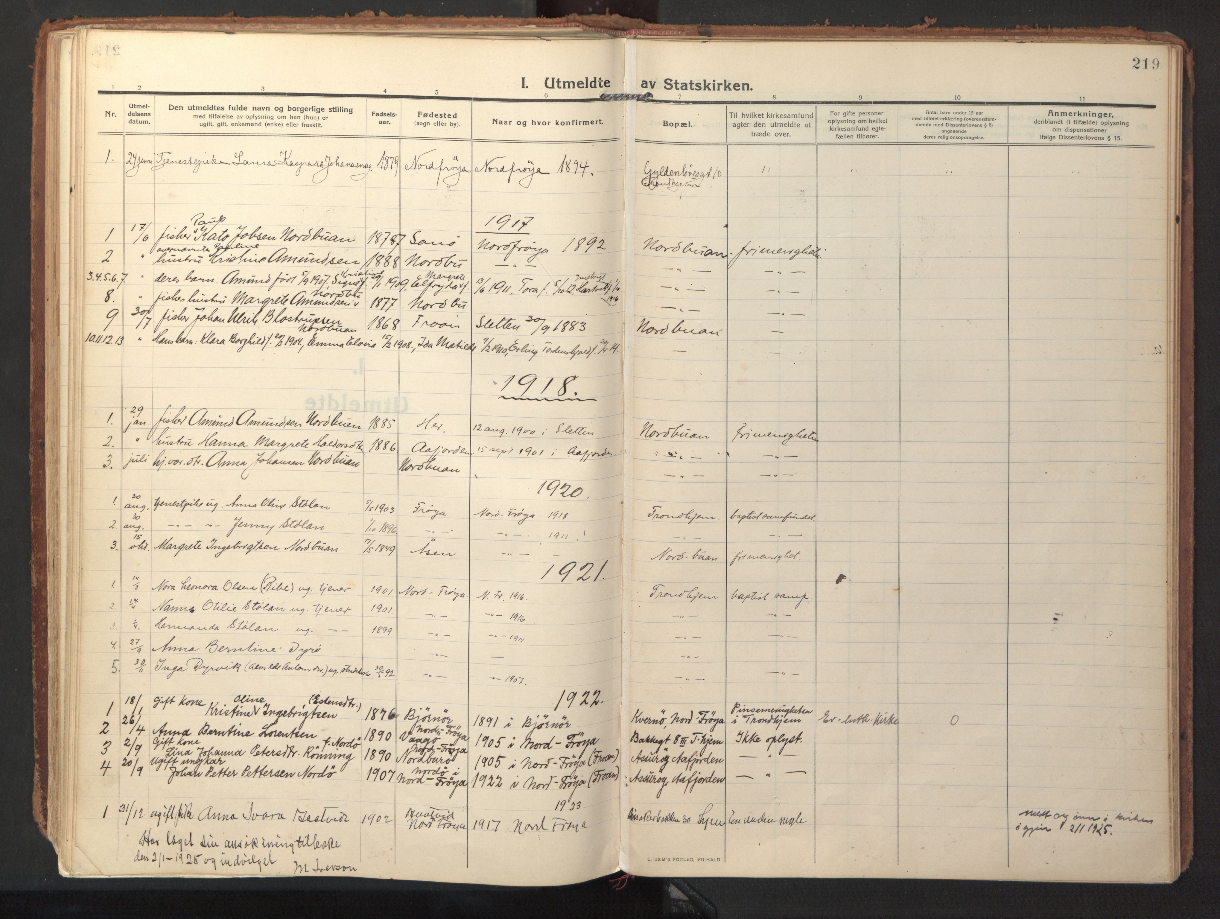 Ministerialprotokoller, klokkerbøker og fødselsregistre - Sør-Trøndelag, SAT/A-1456/640/L0581: Parish register (official) no. 640A06, 1910-1924, p. 219
