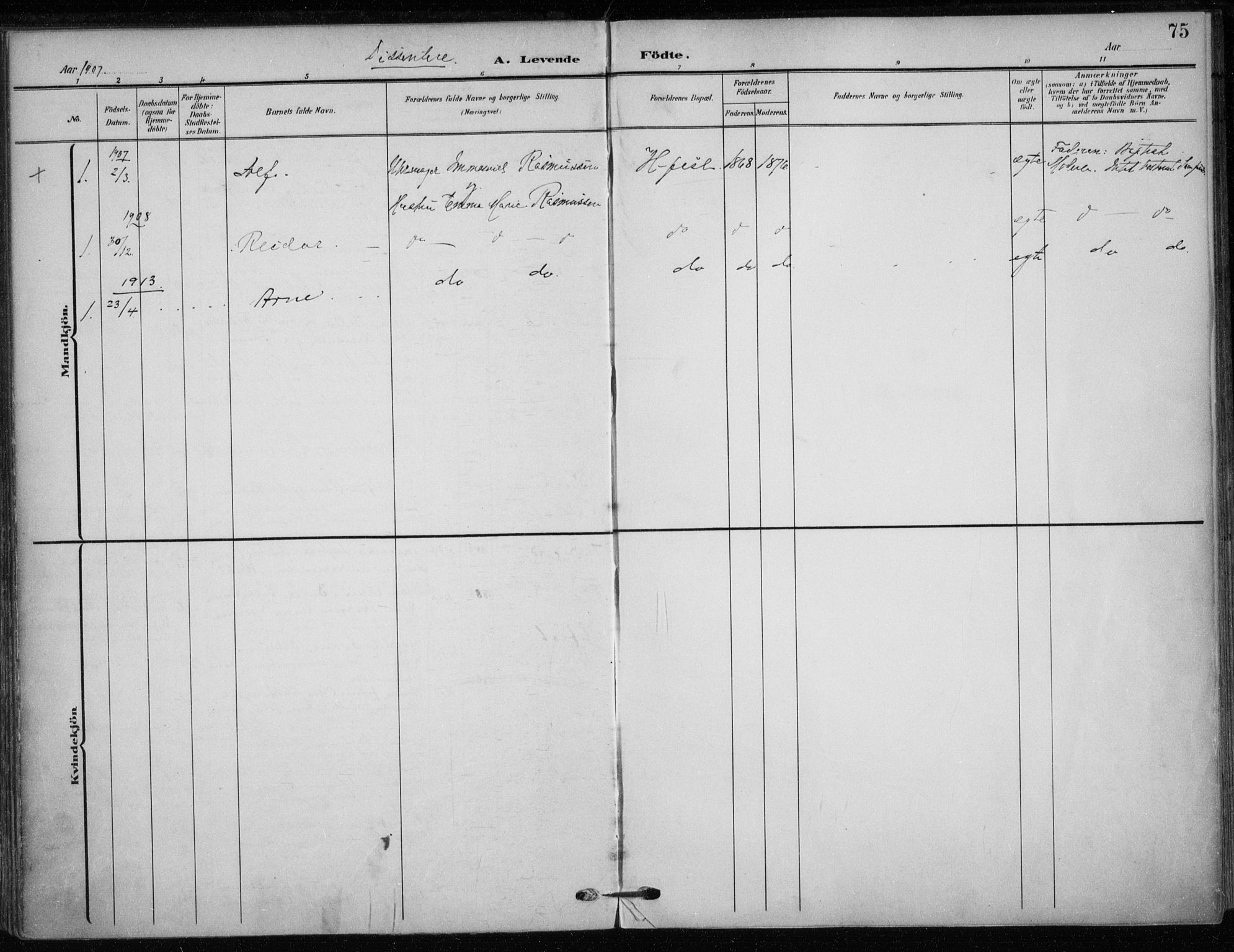 Hammerfest sokneprestkontor, SATØ/S-1347/H/Ha/L0014.kirke: Parish register (official) no. 14, 1906-1916, p. 75