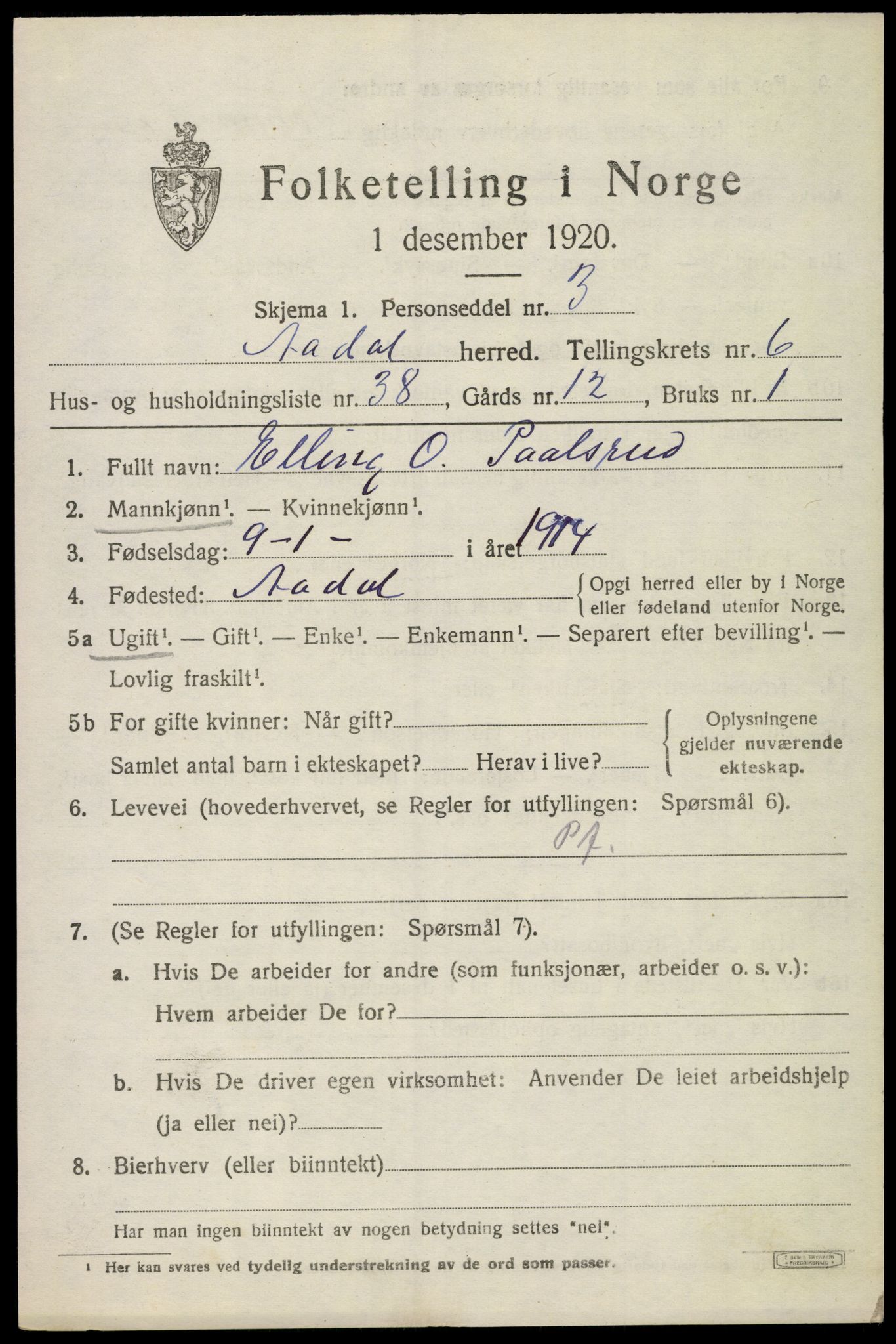 SAKO, 1920 census for Ådal, 1920, p. 4982