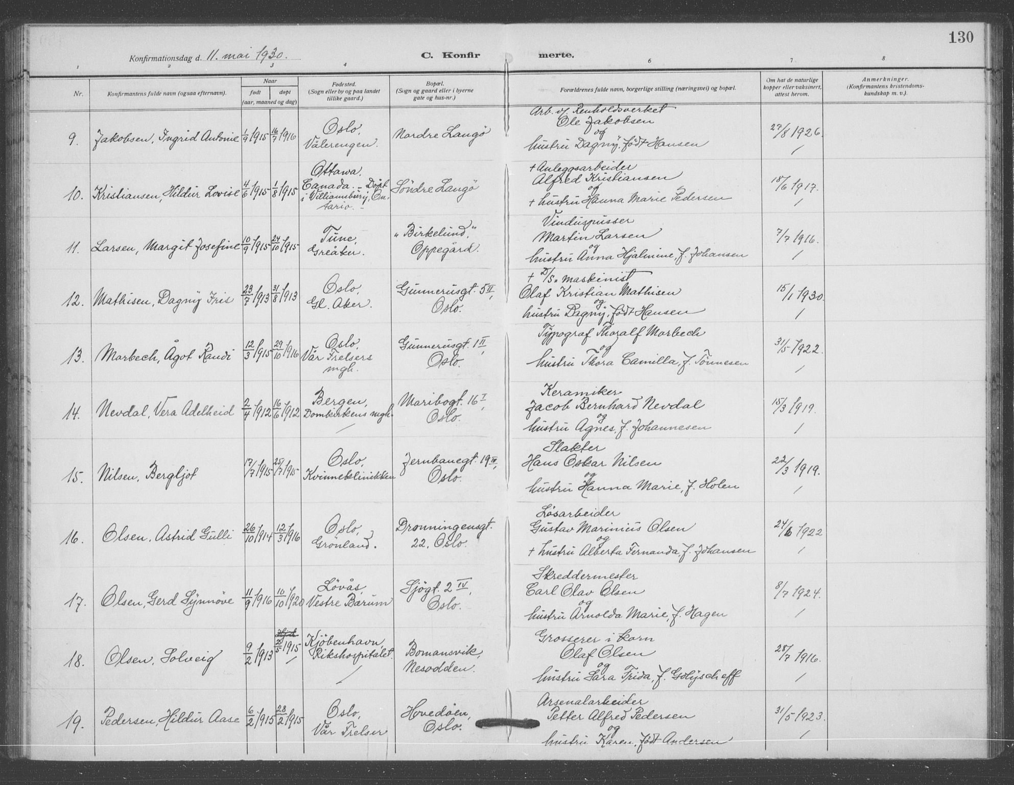 Oslo domkirke Kirkebøker, AV/SAO-A-10752/F/Fa/L0031: Parish register (official) no. 31, 1918-1941, p. 130