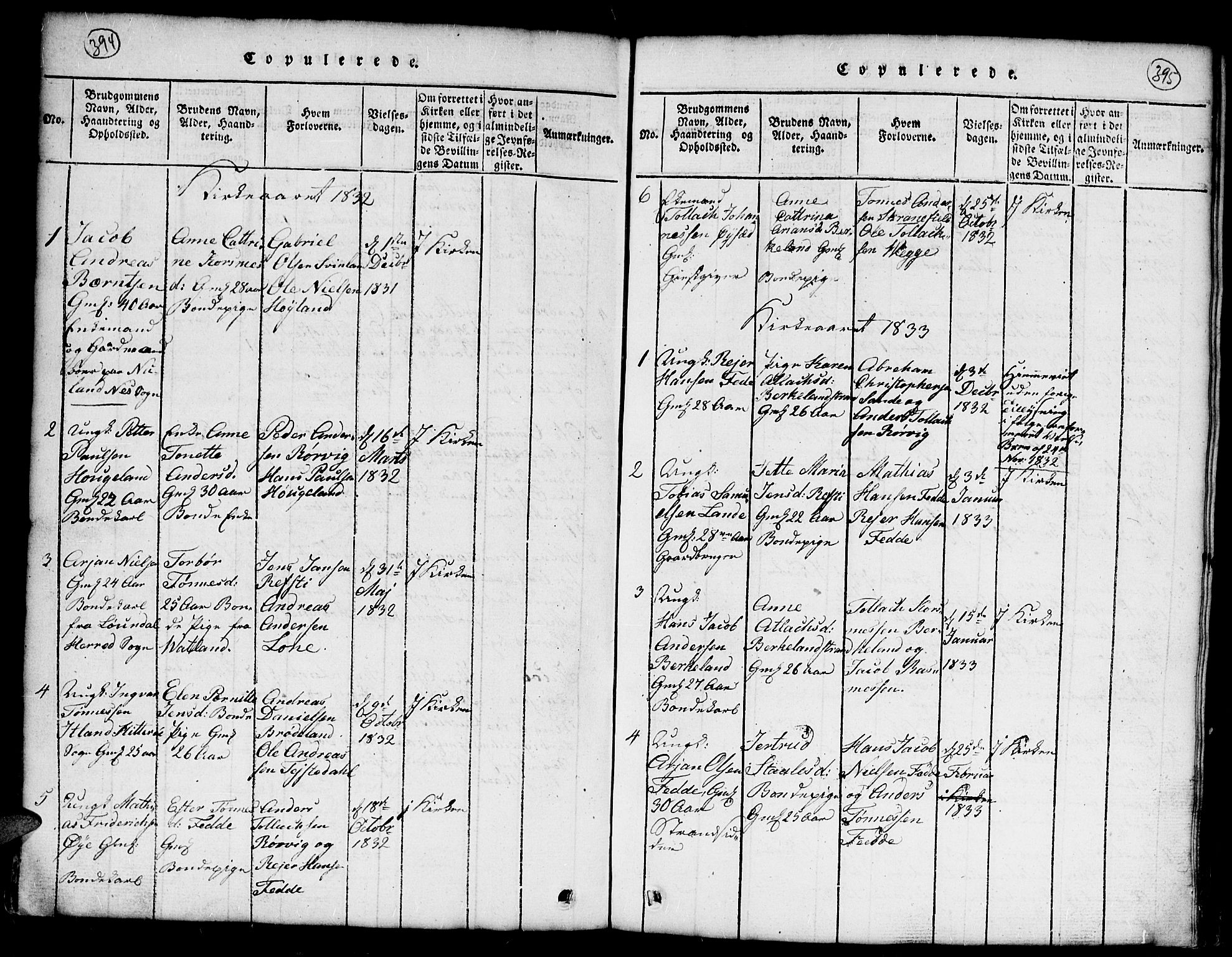 Kvinesdal sokneprestkontor, SAK/1111-0026/F/Fb/Fba/L0001: Parish register (copy) no. B 1, 1815-1839, p. 394-395