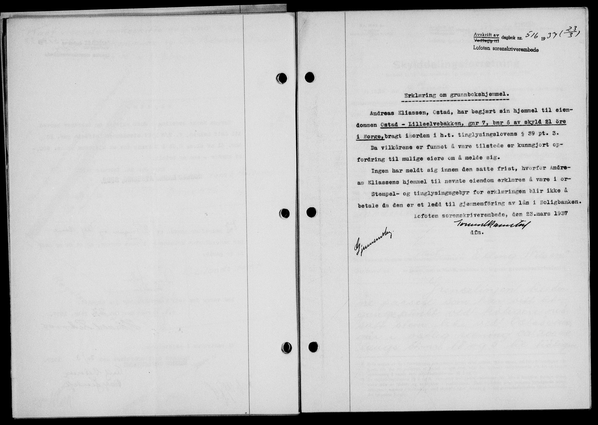 Lofoten sorenskriveri, SAT/A-0017/1/2/2C/L0002a: Mortgage book no. 2a, 1937-1937, Diary no: : 516/1937